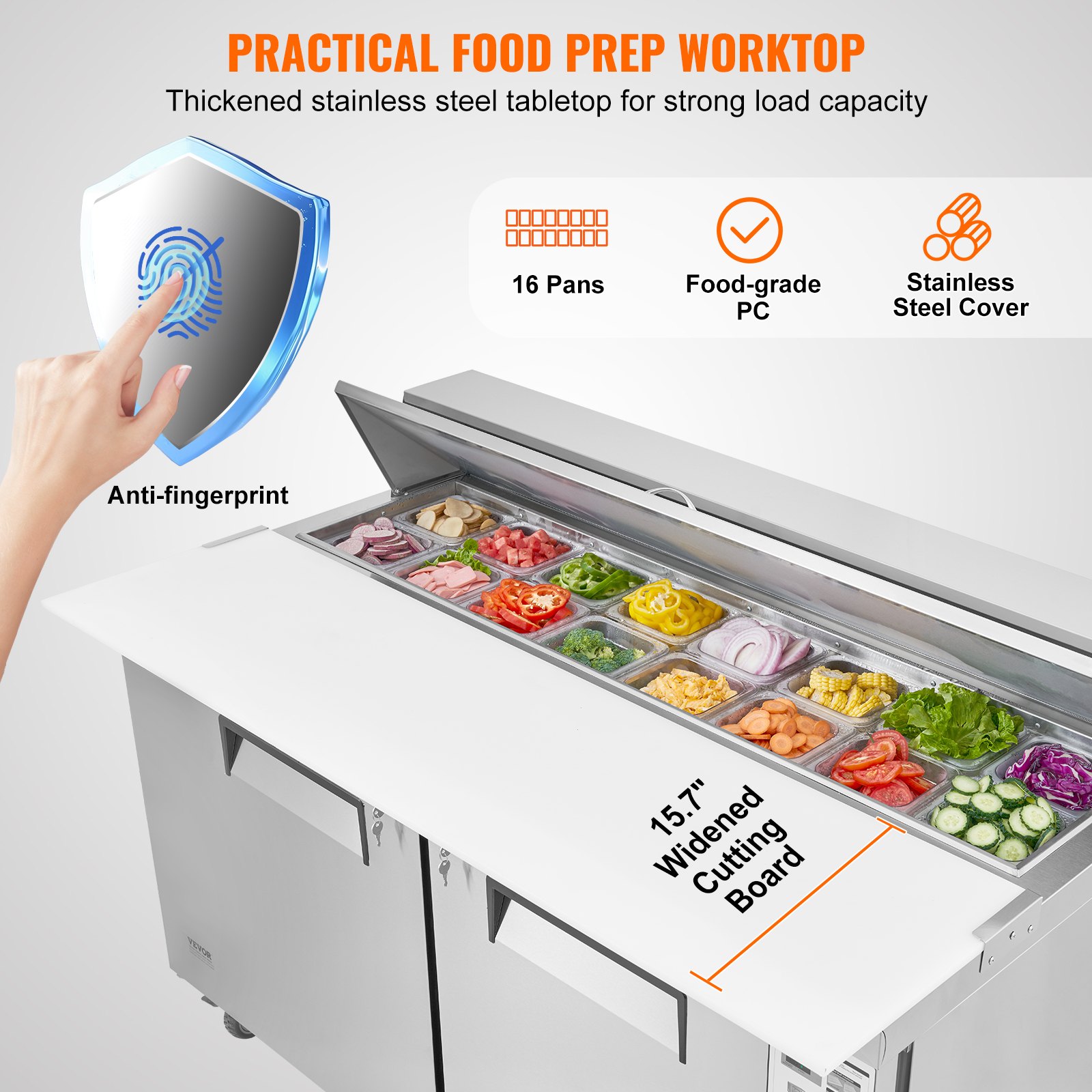 Refrigerador comercial VEVOR de 60 pulgadas para preparar sándwiches y ensaladas, estación de preparación de alimentos refrigerada de acero inoxidable de 16.4 pies cúbicos con 16 bandejas, tabla de cortar, refrigerador antiescarcha con cerradura para restaurante