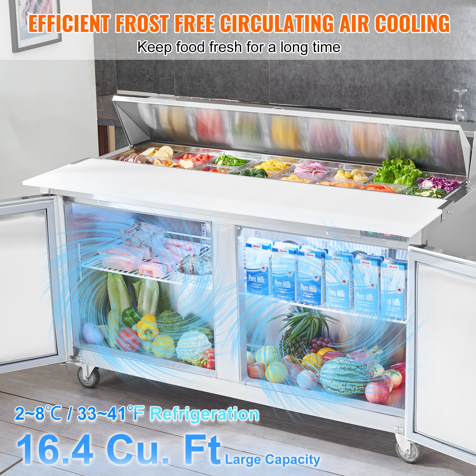 Refrigerador comercial VEVOR de 60 pulgadas para preparar sándwiches y ensaladas, estación de preparación de alimentos refrigerada de acero inoxidable de 16.4 pies cúbicos con 16 bandejas, tabla de cortar, refrigerador antiescarcha con cerradura para restaurante