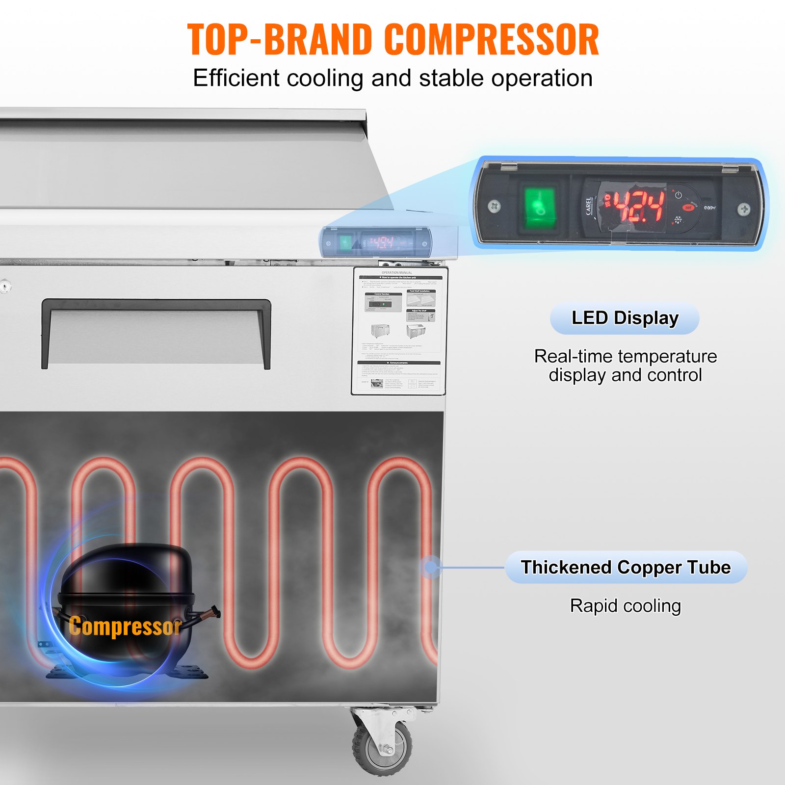 Refrigerador comercial VEVOR de 60 pulgadas para preparar sándwiches y ensaladas, estación de preparación de alimentos refrigerada de acero inoxidable de 16.4 pies cúbicos con 16 bandejas, tabla de cortar, refrigerador antiescarcha con cerradura para restaurante