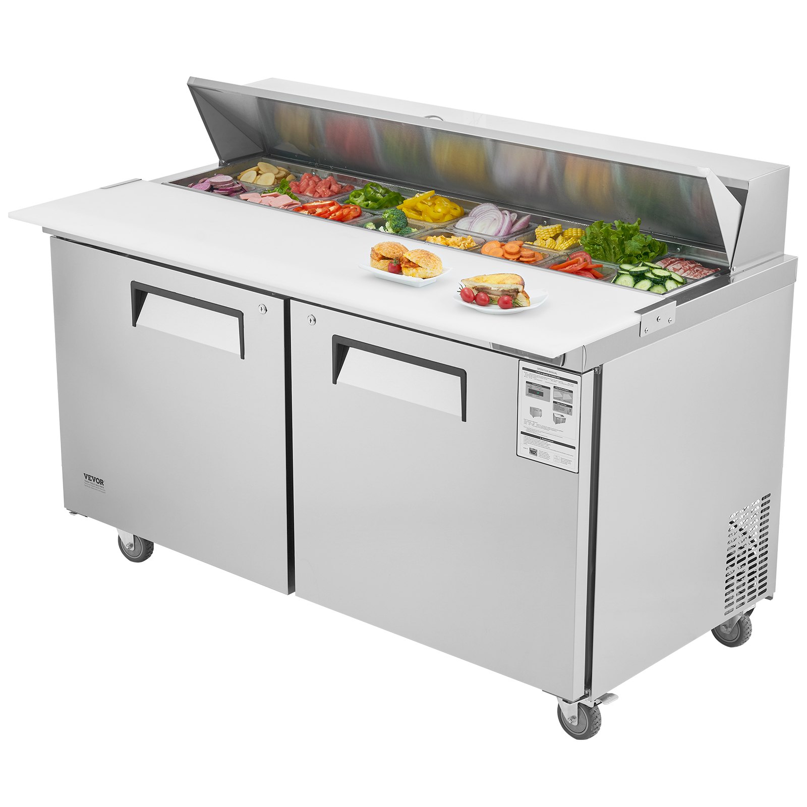 Refrigerador comercial VEVOR de 60 pulgadas para preparar sándwiches y ensaladas, estación de preparación de alimentos refrigerada de acero inoxidable de 16.4 pies cúbicos con 16 bandejas, tabla de cortar, refrigerador antiescarcha con cerradura para restaurante