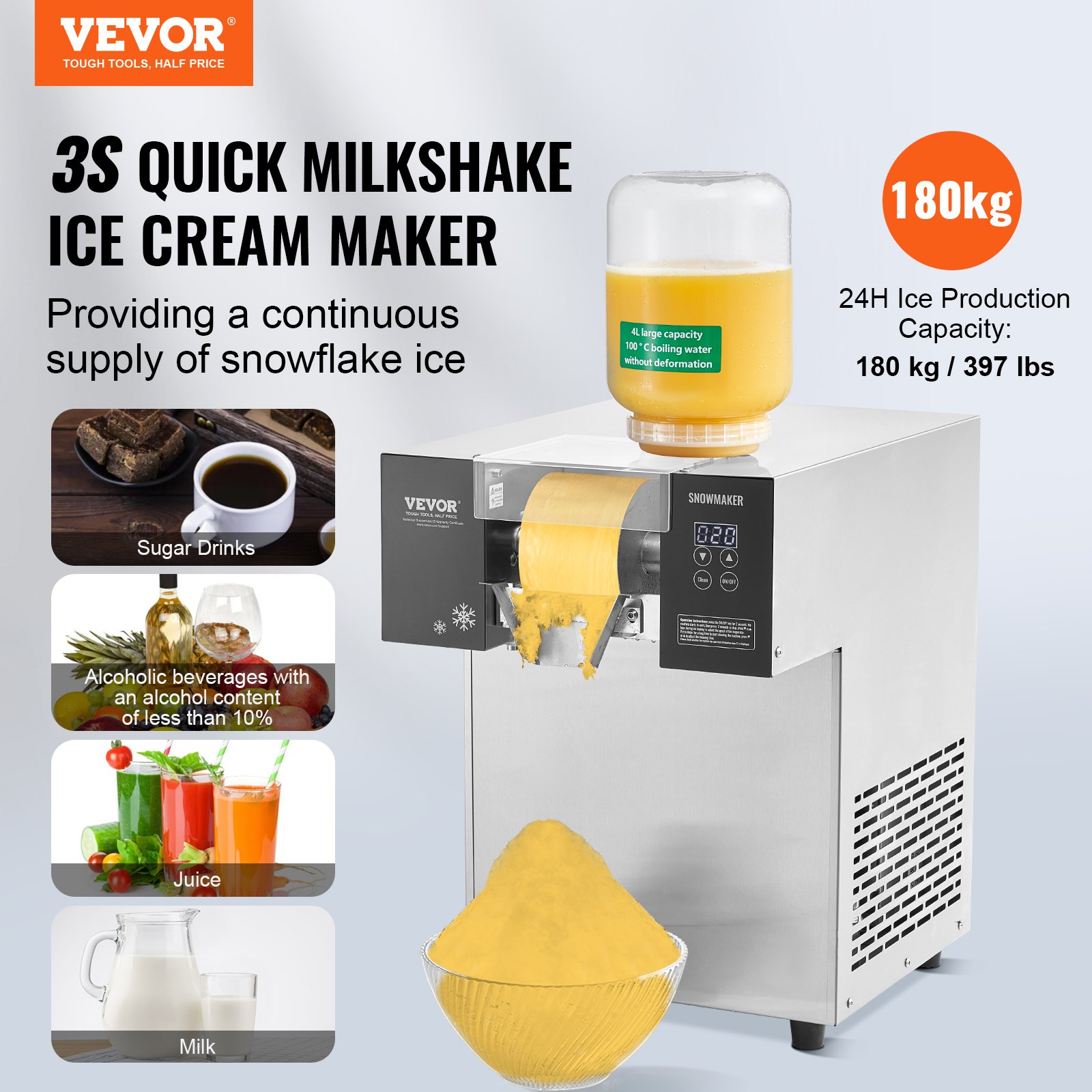 Máquina de hielo comercial VEVOR, 170 kg/24 h, máquina de hielo en copos de nieve, máquina de raspado de hielo de acero inoxidable, máquina eléctrica para hacer conos de nieve, sistema de refrigeración por aire para una rápida disipación del calor, para panaderías y cafeterías.