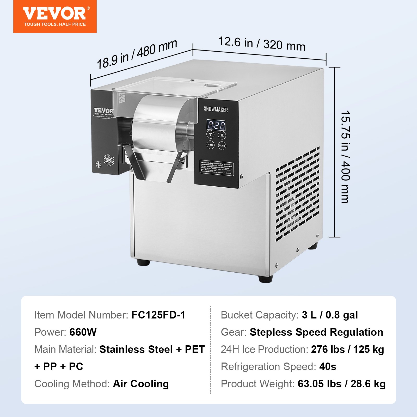 Máquina de hielo comercial VEVOR, 125 kg/24 h, máquina de hielo en copos de nieve, máquina de raspado de hielo de acero inoxidable, máquina eléctrica para hacer conos de nieve, sistema de refrigeración por aire para una rápida disipación del calor, para panaderías y cafeterías.