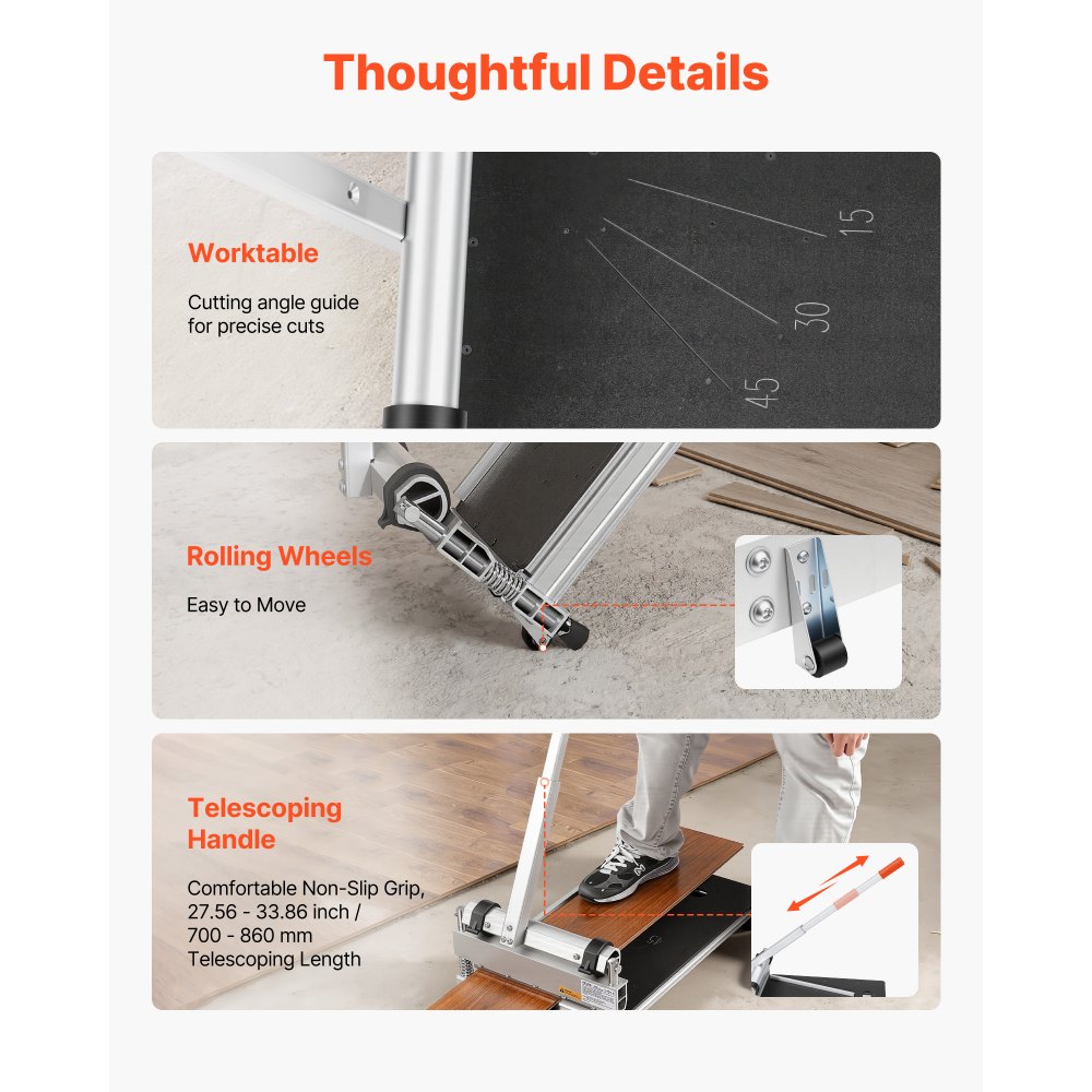 Cortadora de suelos de vinilo VEVOR de 13 pulgadas, cortadora de suelos laminados de 12 mm de grosor con ángulos ajustables de 15°/30°/45°, ruedas flexibles, mango telescópico, apta para ciertas maderas de ingeniería, LVT, VCT, SPC, LVP, WPC.
