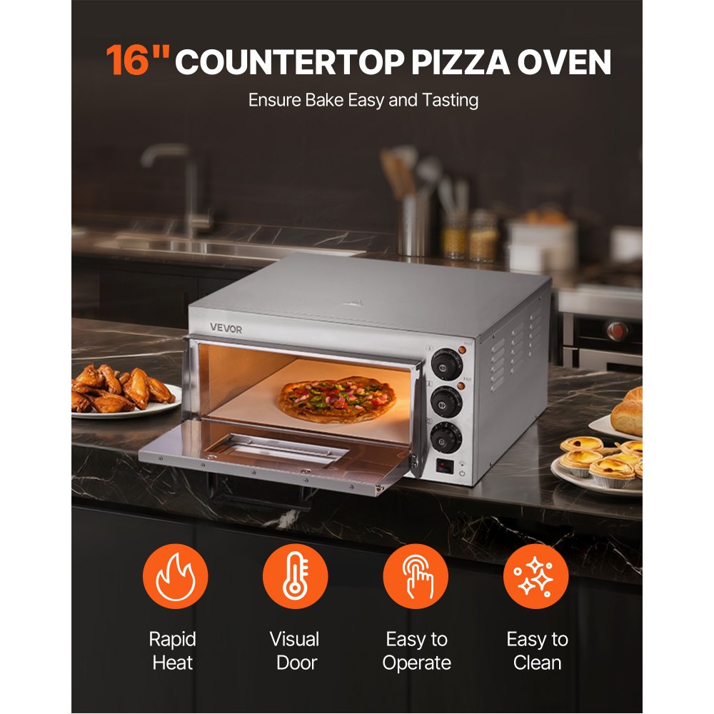 Horno de pizza comercial VEVOR de encimera, 16 pulgadas, de una sola capa, de acero inoxidable, eléctrico, con piedra y asa, multiusos para interiores, ideal para restaurantes, hogares y pretzels.