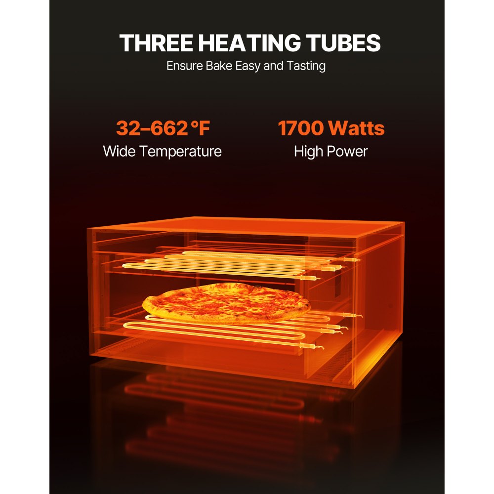 Horno de pizza comercial VEVOR de encimera, 16 pulgadas, de una sola capa, de acero inoxidable, eléctrico, con piedra y asa, multiusos para interiores, ideal para restaurantes, hogares y pretzels.