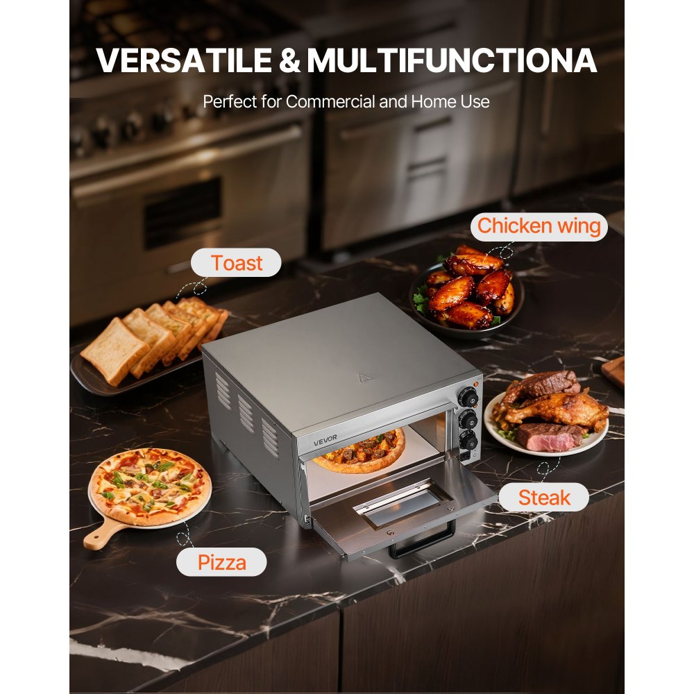Horno de pizza comercial VEVOR de encimera, 16 pulgadas, de una sola capa, de acero inoxidable, eléctrico, con piedra y asa, multiusos para interiores, ideal para restaurantes, hogares y pretzels.