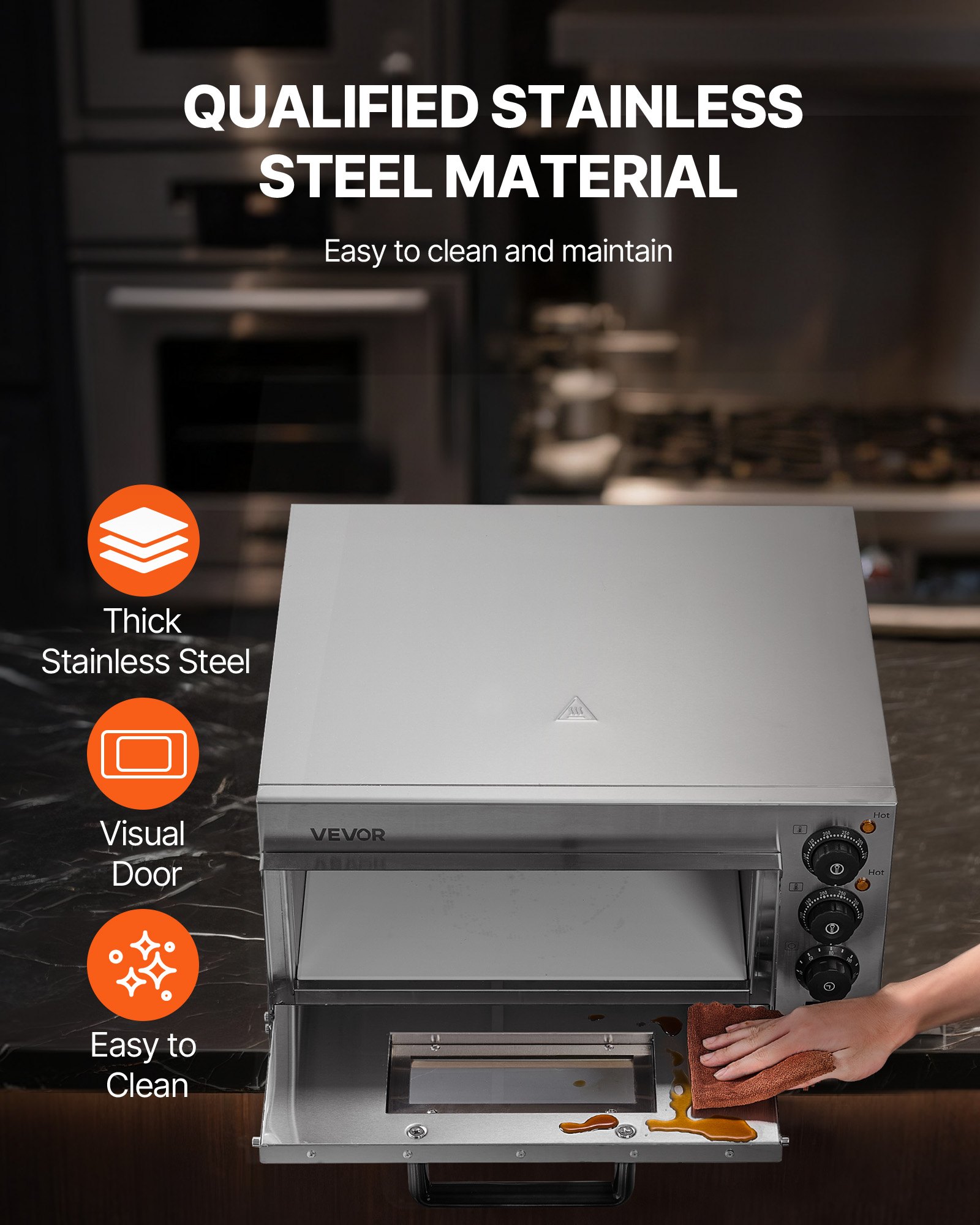 Horno de pizza comercial VEVOR de encimera, 16 pulgadas, de una sola capa, de acero inoxidable, eléctrico, con piedra y asa, multiusos para interiores, ideal para restaurantes, hogares y pretzels.