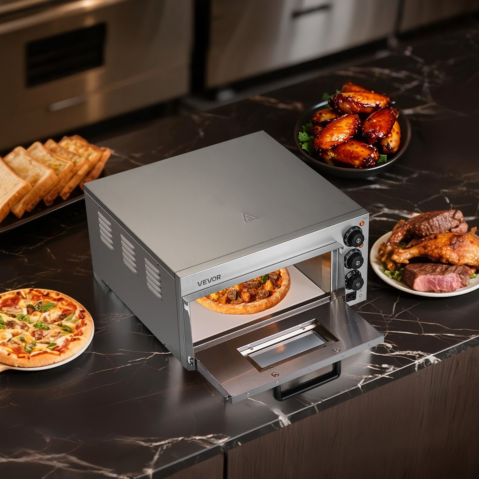 Horno de pizza comercial VEVOR de encimera, 16 pulgadas, de una sola capa, de acero inoxidable, eléctrico, con piedra y asa, multiusos para interiores, ideal para restaurantes, hogares y pretzels.