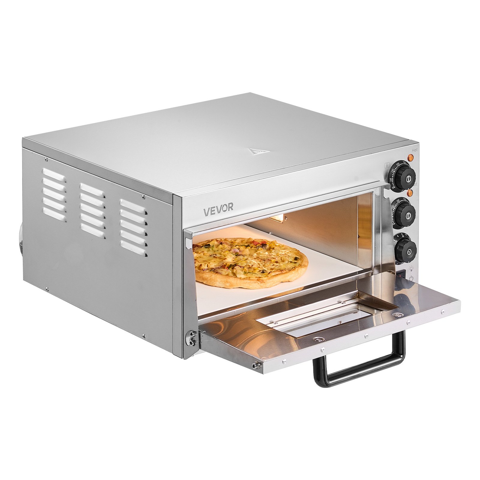 Horno de pizza comercial VEVOR de encimera, 16 pulgadas, de una sola capa, de acero inoxidable, eléctrico, con piedra y asa, multiusos para interiores, ideal para restaurantes, hogares y pretzels.