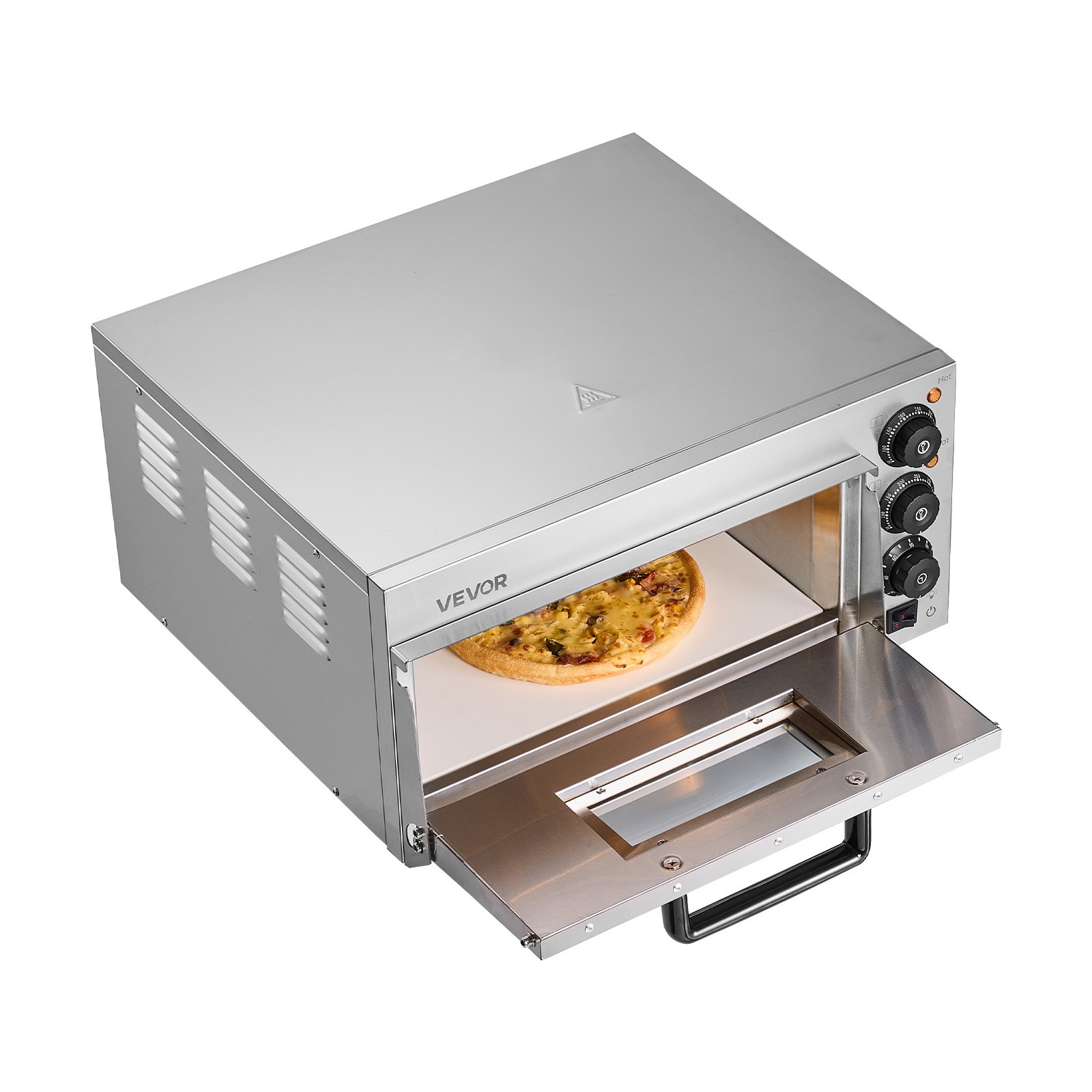 Horno de pizza comercial VEVOR de encimera, 16 pulgadas, de una sola capa, de acero inoxidable, eléctrico, con piedra y asa, multiusos para interiores, ideal para restaurantes, hogares y pretzels.