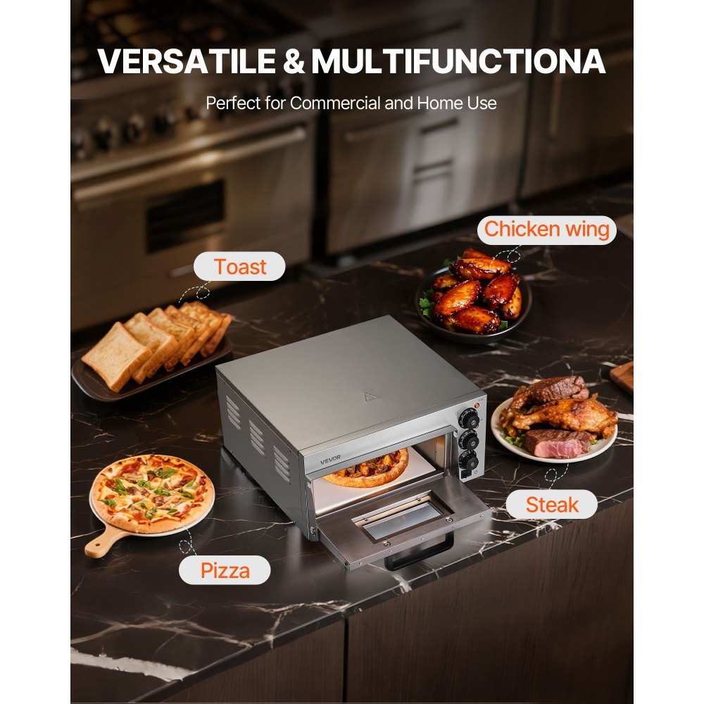 Horno de pizza comercial VEVOR de encimera, 14 pulgadas, de una sola capa, de acero inoxidable, eléctrico, con piedra y asa, multiusos para interiores, ideal para restaurantes, hogares y pretzels.