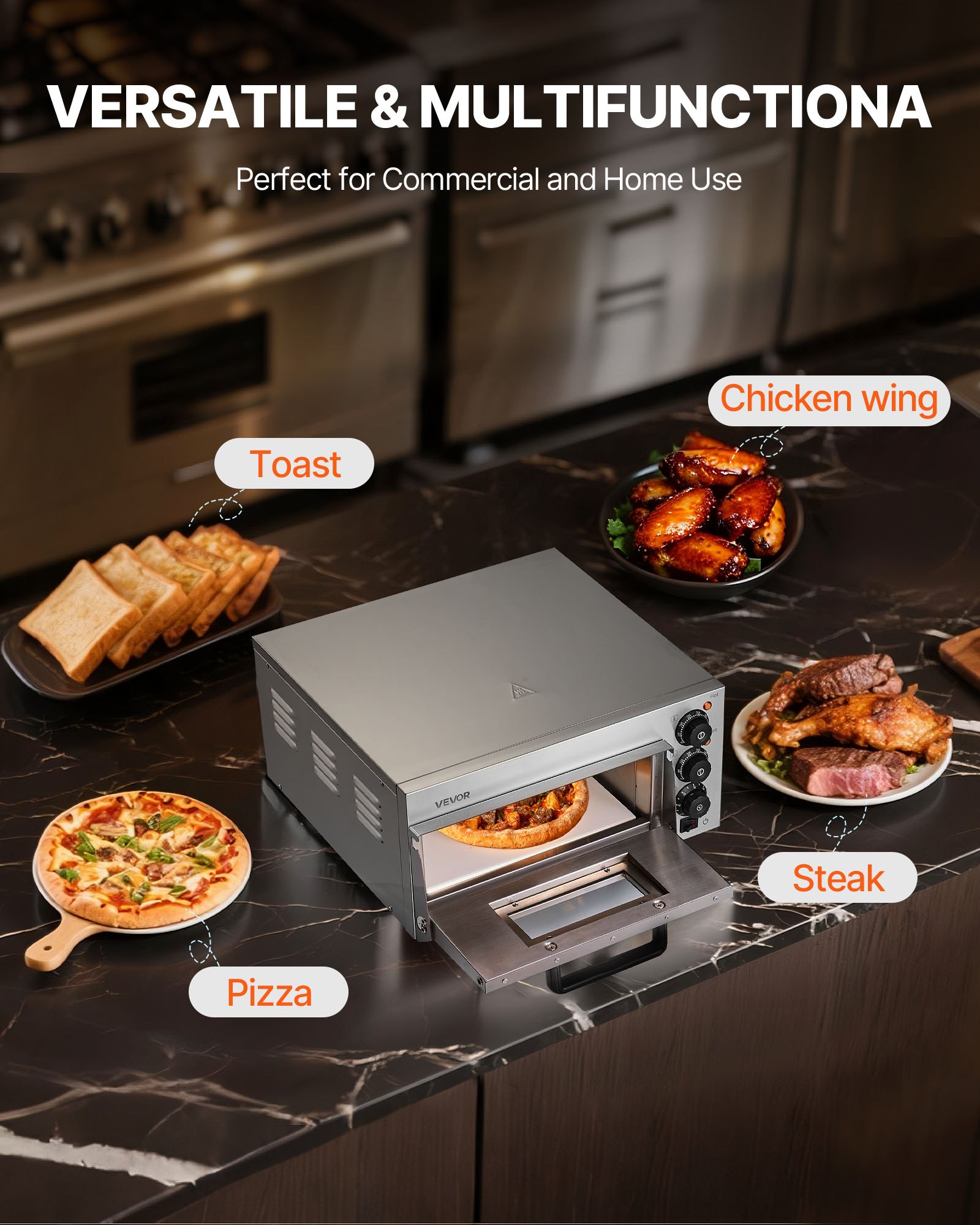 Horno de pizza comercial VEVOR de encimera, 14 pulgadas, de una sola capa, de acero inoxidable, eléctrico, con piedra y asa, multiusos para interiores, ideal para restaurantes, hogares y pretzels.