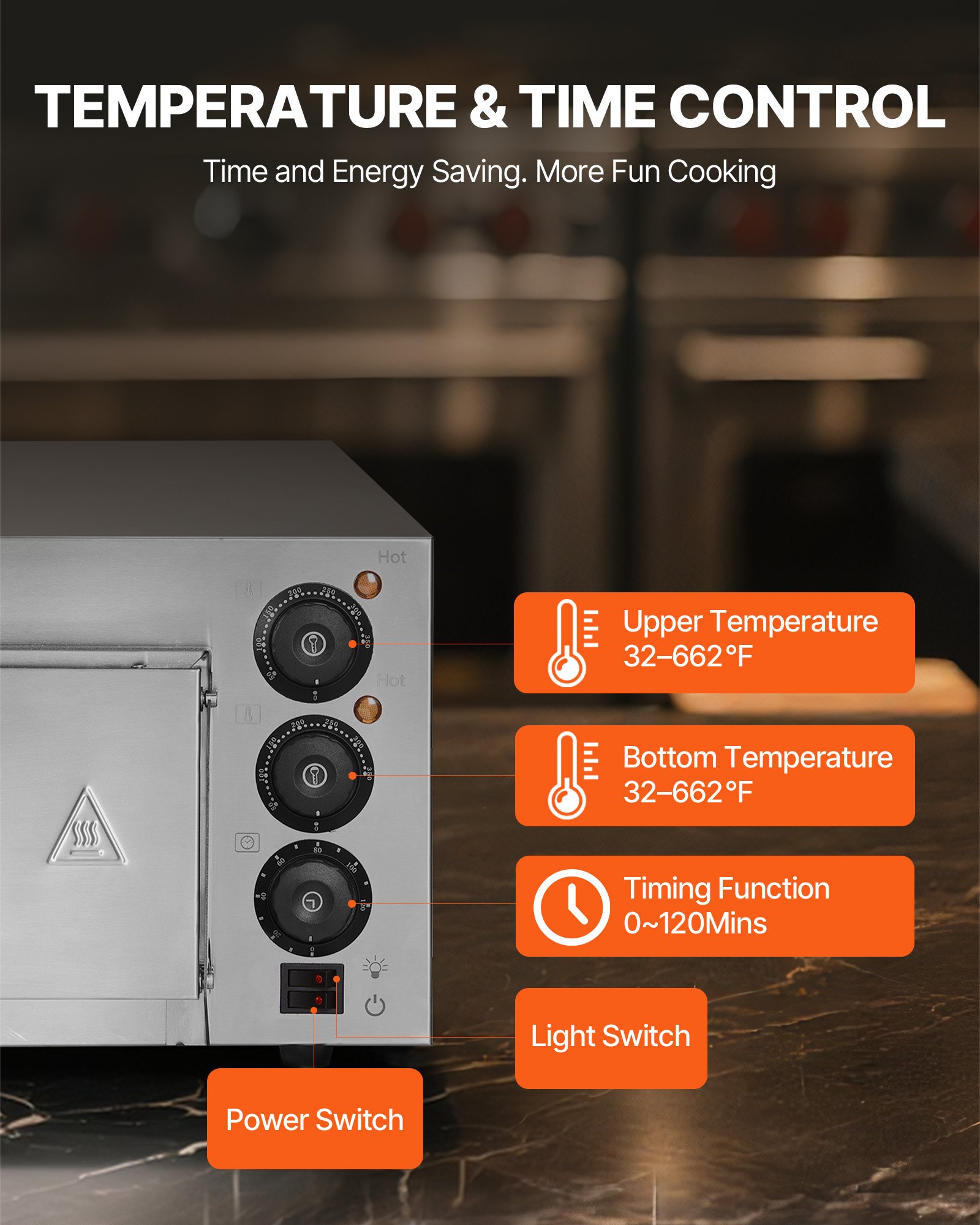 Horno de pizza comercial VEVOR de encimera, 14 pulgadas, de una sola capa, de acero inoxidable, eléctrico, con piedra y asa, multiusos para interiores, ideal para restaurantes, hogares y pretzels.