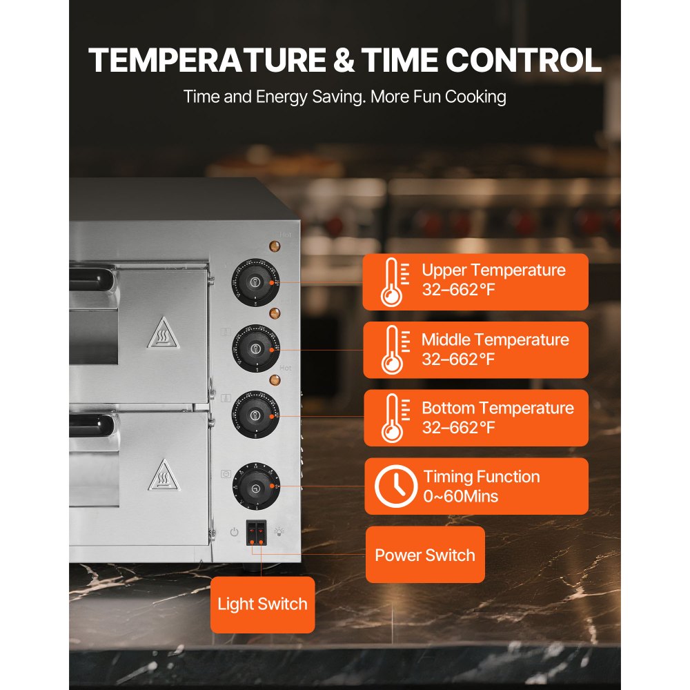 Horno de pizza comercial VEVOR de 14 pulgadas con doble capa, horno eléctrico de acero inoxidable con piedra y asa, máquina multiusos para pizza de interior, ideal para restaurantes, hogares y pretzels horneados.