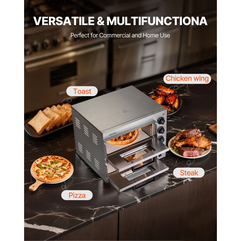 Horno de pizza comercial VEVOR de 14 pulgadas con doble capa, horno eléctrico de acero inoxidable con piedra y asa, máquina multiusos para pizza de interior, ideal para restaurantes, hogares y pretzels horneados.