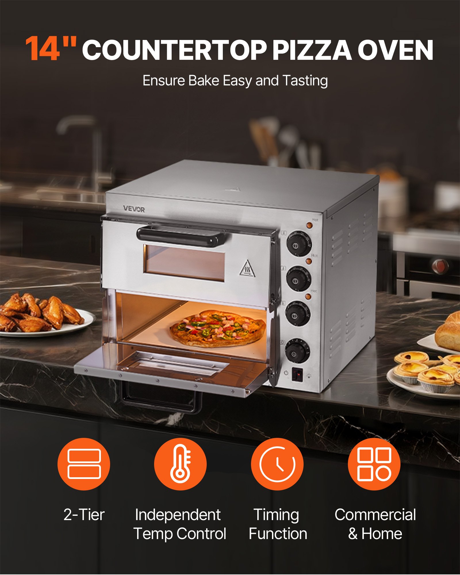 Horno de pizza comercial VEVOR de 14 pulgadas con doble capa, horno eléctrico de acero inoxidable con piedra y asa, máquina multiusos para pizza de interior, ideal para restaurantes, hogares y pretzels horneados.