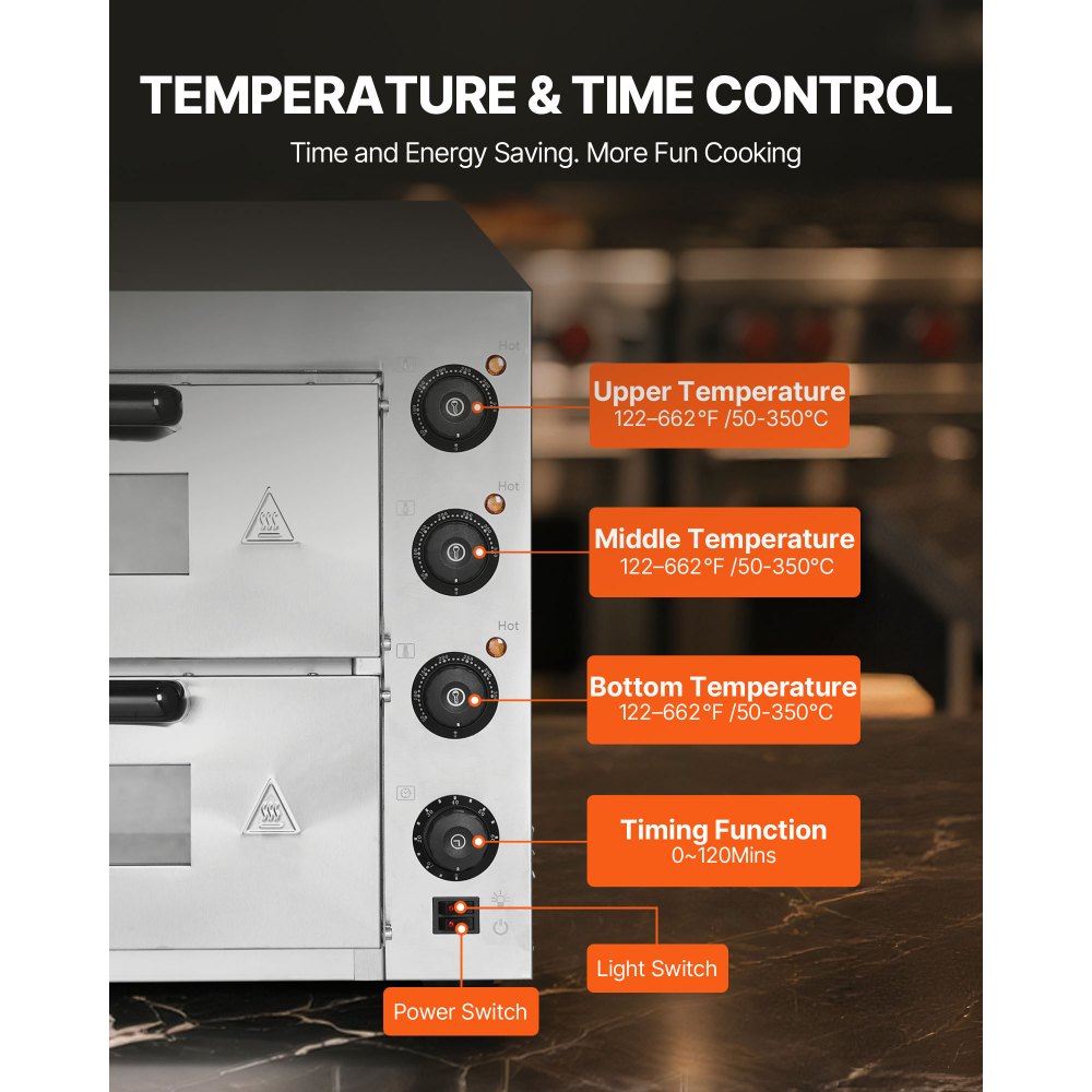 Horno de pizza comercial VEVOR de 16 pulgadas con dos niveles, horno eléctrico de acero inoxidable con piedra y asa, máquina multiusos para pizza de interior, ideal para restaurantes, hogares y pretzels horneados.