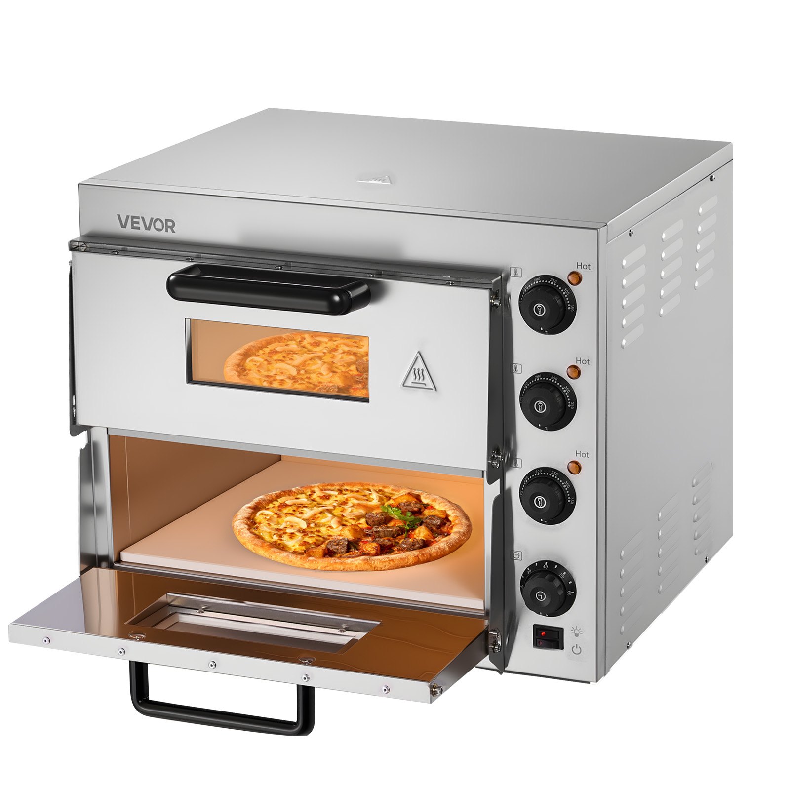 Horno de pizza comercial VEVOR de 16 pulgadas con dos niveles, horno eléctrico de acero inoxidable con piedra y asa, máquina multiusos para pizza de interior, ideal para restaurantes, hogares y pretzels horneados.