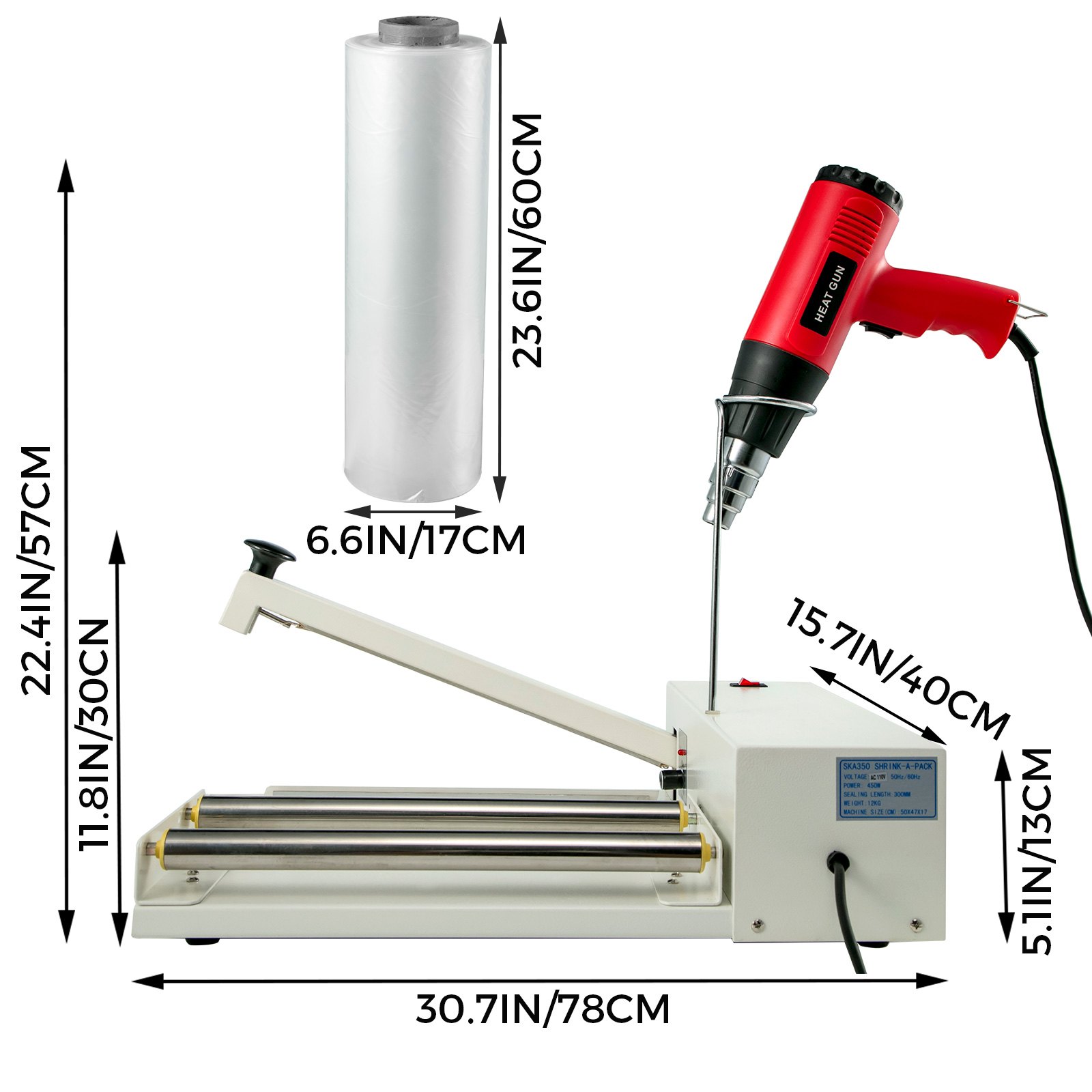 VEVOR Selladora de Bolsas Máquina de envoltura retráctil de sellador de envoltura retráctil de 800 W con pistola de calor sellador de envoltura