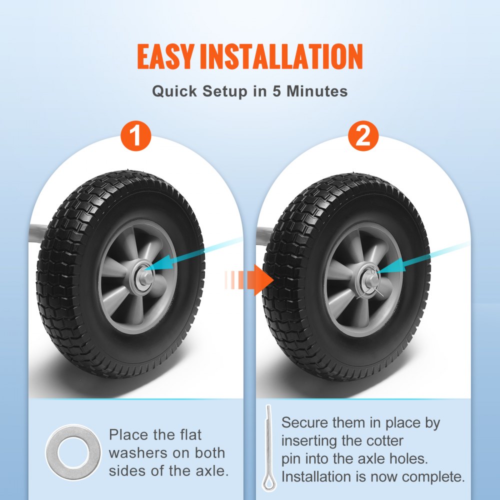 VEVOR Rueda de neumático sólido de PU Run-Flat, 10", paquete de 2, carga dinámica de 180 libras, carga estática de 220 libras, neumáticos y ruedas sin cámara para carretilla de mano, carrito utilitari