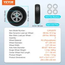 VEVOR Rueda de neumático sólido de PU Run-Flat, 10", paquete de 2, carga dinámica de 180 libras, carga estática de 220 libras, neumáticos y ruedas sin cámara para carretilla de mano, carrito utilitari