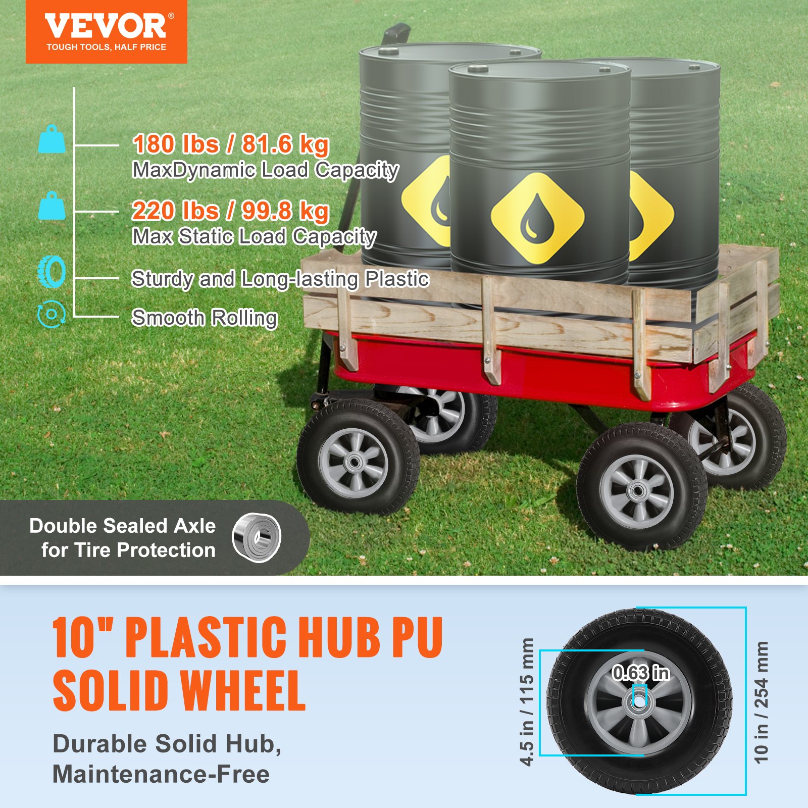 VEVOR Rueda de neumático sólido de PU Run-Flat, 10", paquete de 2, carga dinámica de 180 libras, carga estática de 220 libras, neumáticos y ruedas sin cámara para carretilla de mano, carrito utilitari