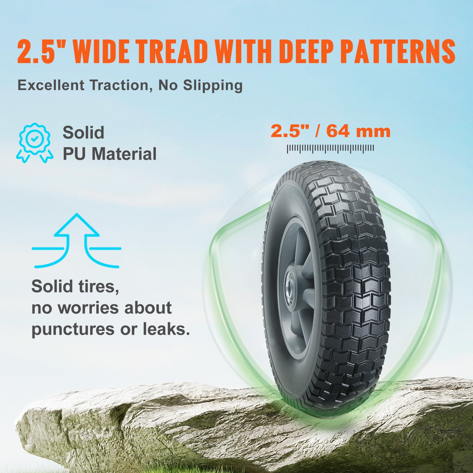 VEVOR Rueda de neumático sólido de PU Run-Flat, 10", paquete de 2, carga dinámica de 180 libras, carga estática de 220 libras, neumáticos y ruedas sin cámara para carretilla de mano, carrito utilitari