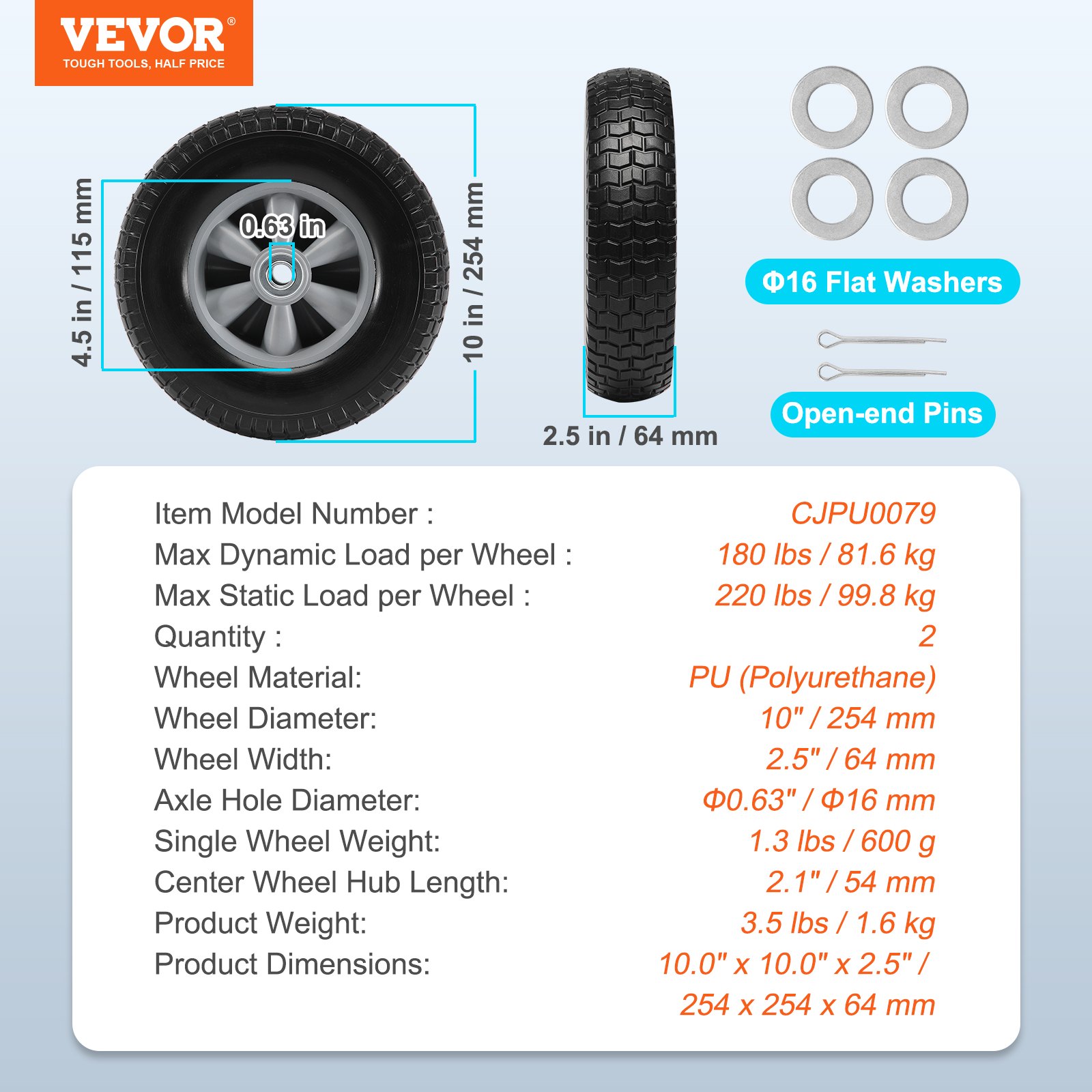VEVOR Rueda de neumático sólido de PU Run-Flat, 10", paquete de 2, carga dinámica de 180 libras, carga estática de 220 libras, neumáticos y ruedas sin cámara para carretilla de mano, carrito utilitari