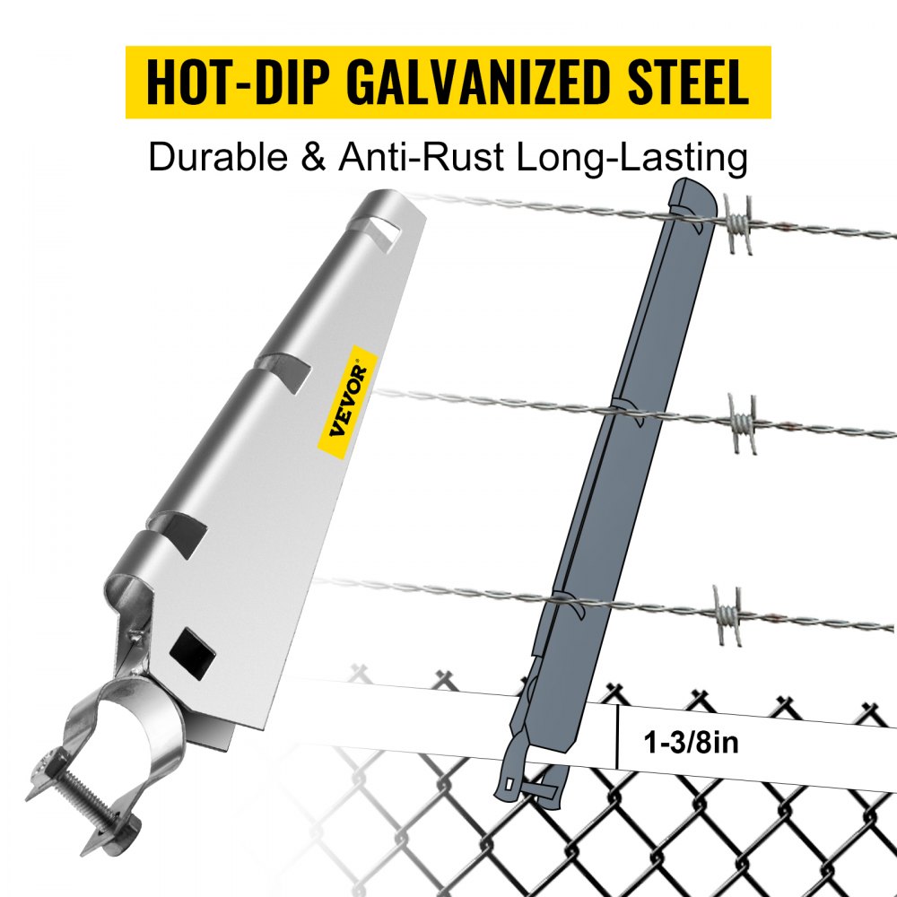 VEVOR - Juego de 10 brazos de alambre de púas extensibles para riel superior de 1-3/8", alambre de púas de cadena, alambre de púas de acero galvanizado en caliente, alambre de púas con esquinas de 45 grados para cercas de cadena y enrejados de parras.
