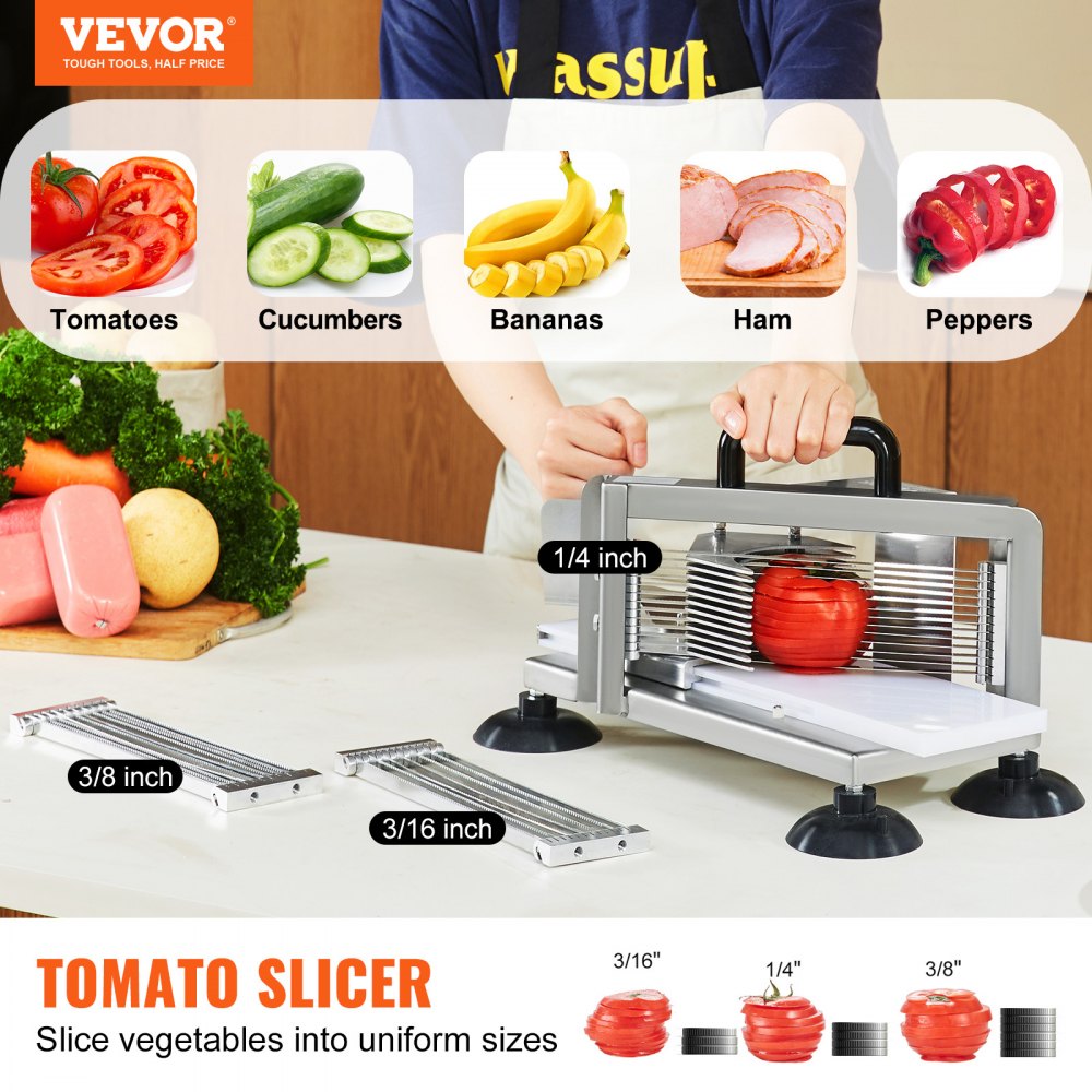 Cortadora de tomates comercial VEVOR de 1/4" + 3/8" + 3/16", de acero inoxidable, resistente, manual con base antideslizante, para cortar tomates, pepinos y plátanos.