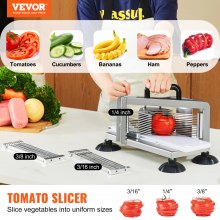 Cortadora de tomates comercial VEVOR, cortadora de tomates de 1/4"+3/8"+3/16", máquina cortadora de tomates resistente de acero inoxidable, cortadora de tomates manual con patas antideslizantes, para cortar tomates, pepinos y plátanos