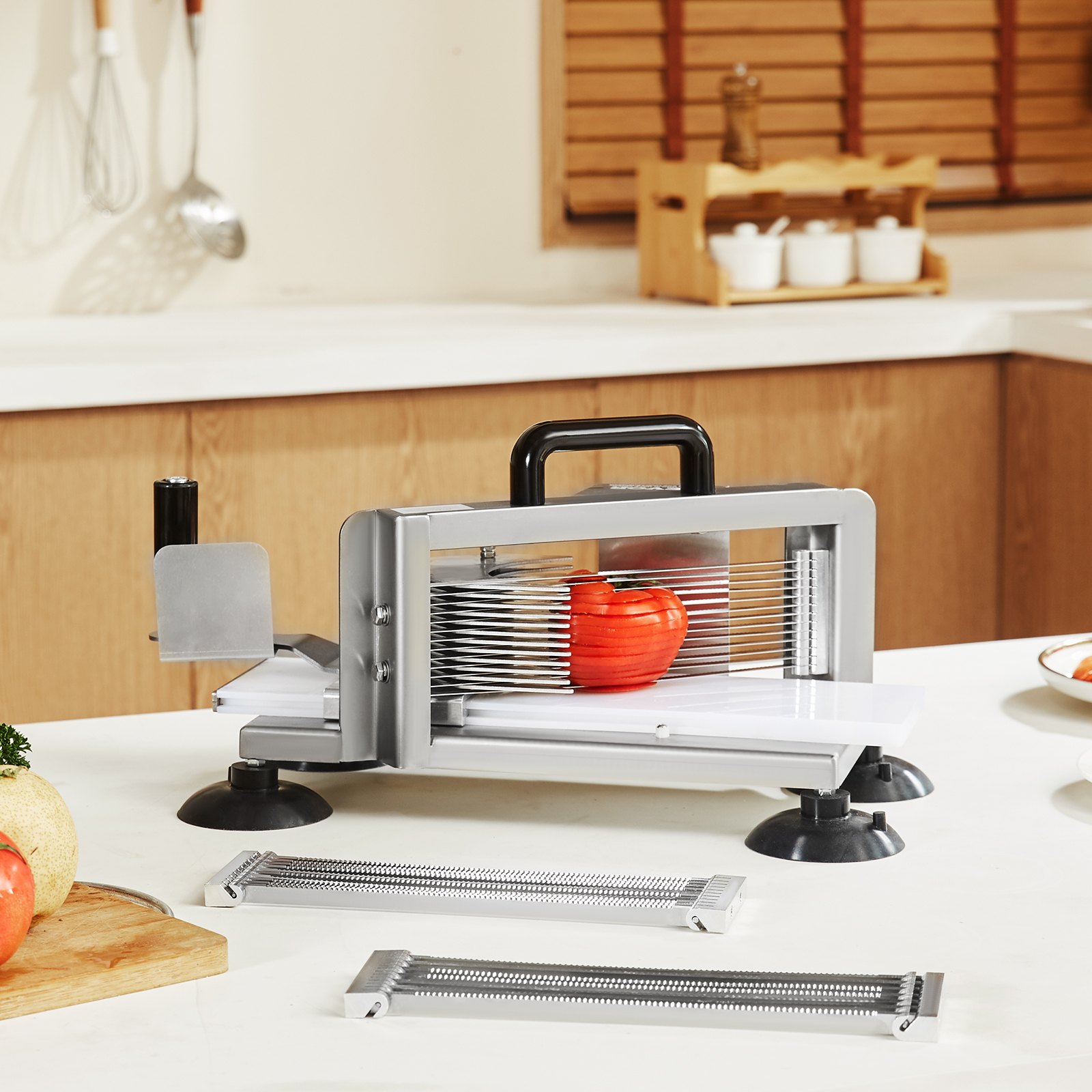 Cortadora de tomates comercial VEVOR de 1/4" + 3/8" + 3/16", de acero inoxidable, resistente, manual con base antideslizante, para cortar tomates, pepinos y plátanos.
