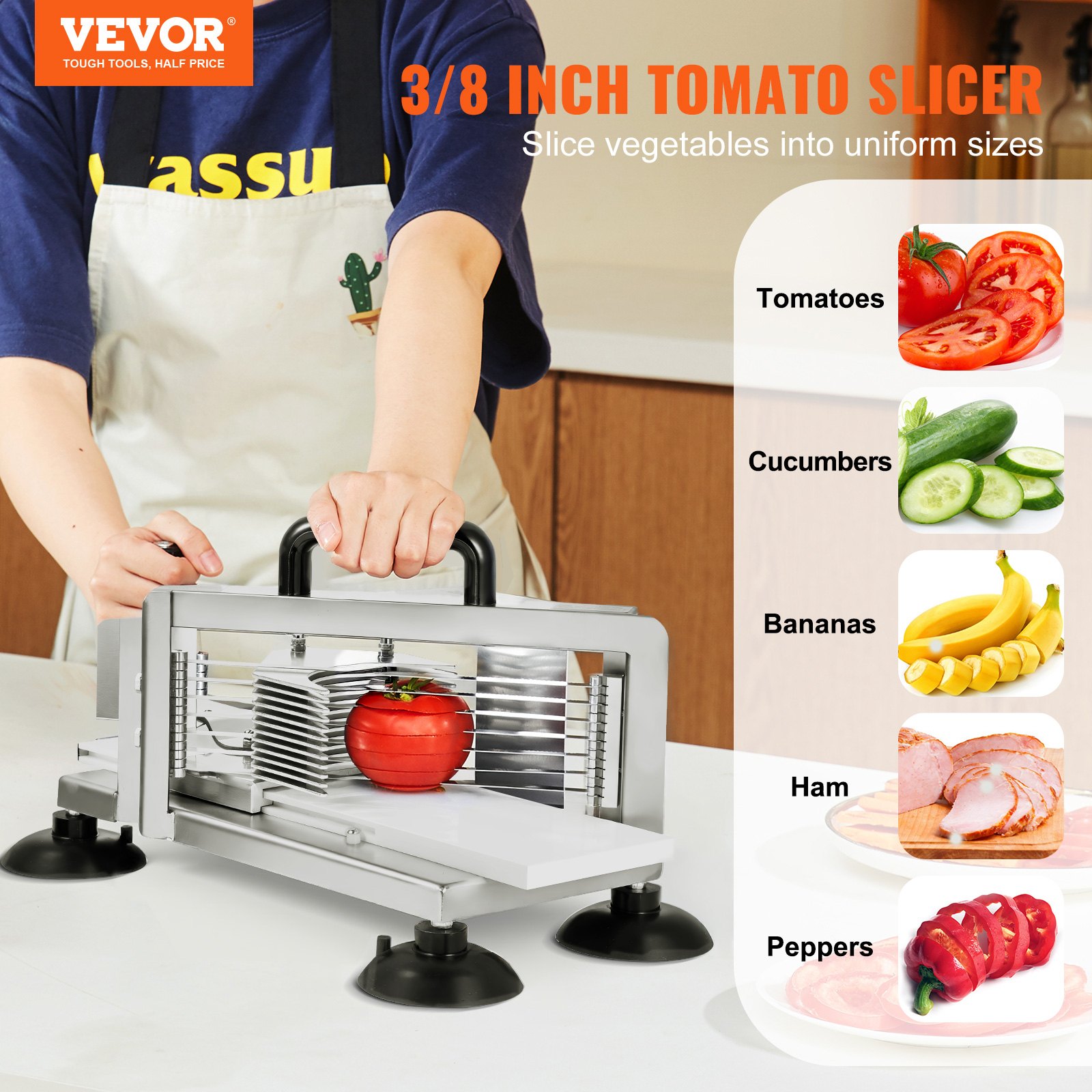 Cortadora de tomates comercial VEVOR de 9,5 mm, de acero inoxidable, resistente, manual, con patas antideslizantes, para cortar tomates, pepinos y plátanos.