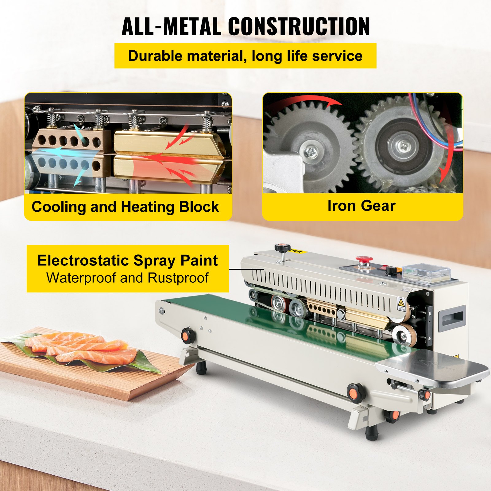 Sellador de banda continua VEVOR FR-770, sellador de banda automático con control de temperatura digital, (horizontal)