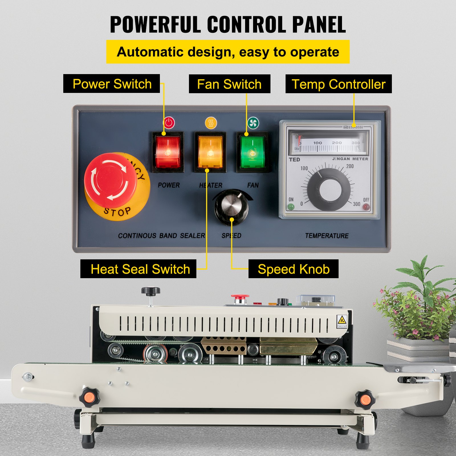 Sellador de banda continua VEVOR FR-770, sellador de banda automático con control de temperatura digital, (horizontal)