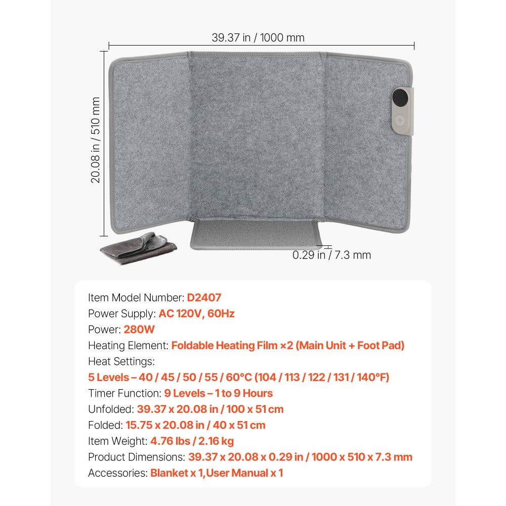 VEVOR - Calentador de pies portátil plegable para debajo del escritorio, con temporizador y seguridad, silencioso para piernas y tobillos, control táctil y remoto, almohadilla eléctrica personal para calentar pies de pared, protección contra sobrecalentamiento.