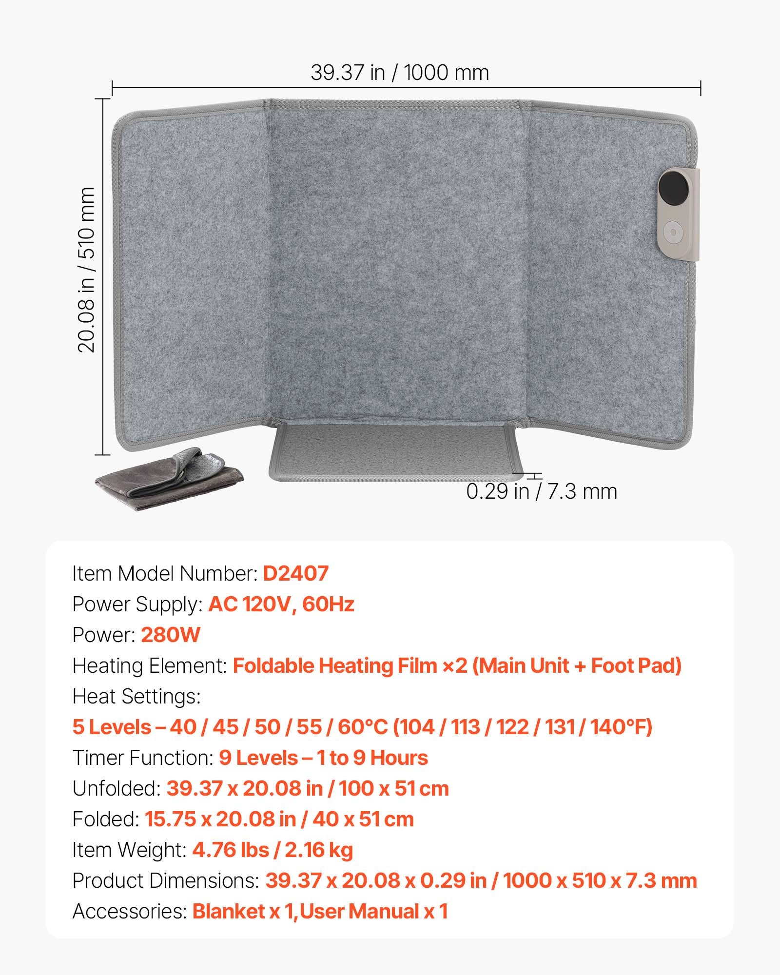 VEVOR - Calentador de pies portátil plegable para debajo del escritorio, con temporizador y seguridad, silencioso para piernas y tobillos, control táctil y remoto, almohadilla eléctrica personal para calentar pies de pared, protección contra sobrecalentamiento.