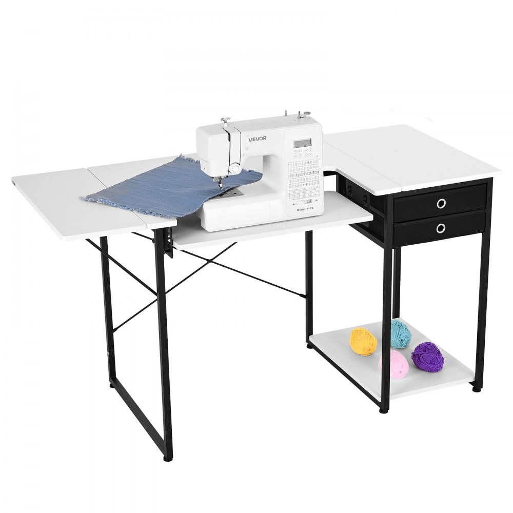Mesa de costura VEVOR, mesa multiusos para máquina de coser con cajones, estante lateral plegable, estante ajustable, patas de acero, escritorio de computadora para el hogar, estudio de moda, estudio de arte, institución educativa