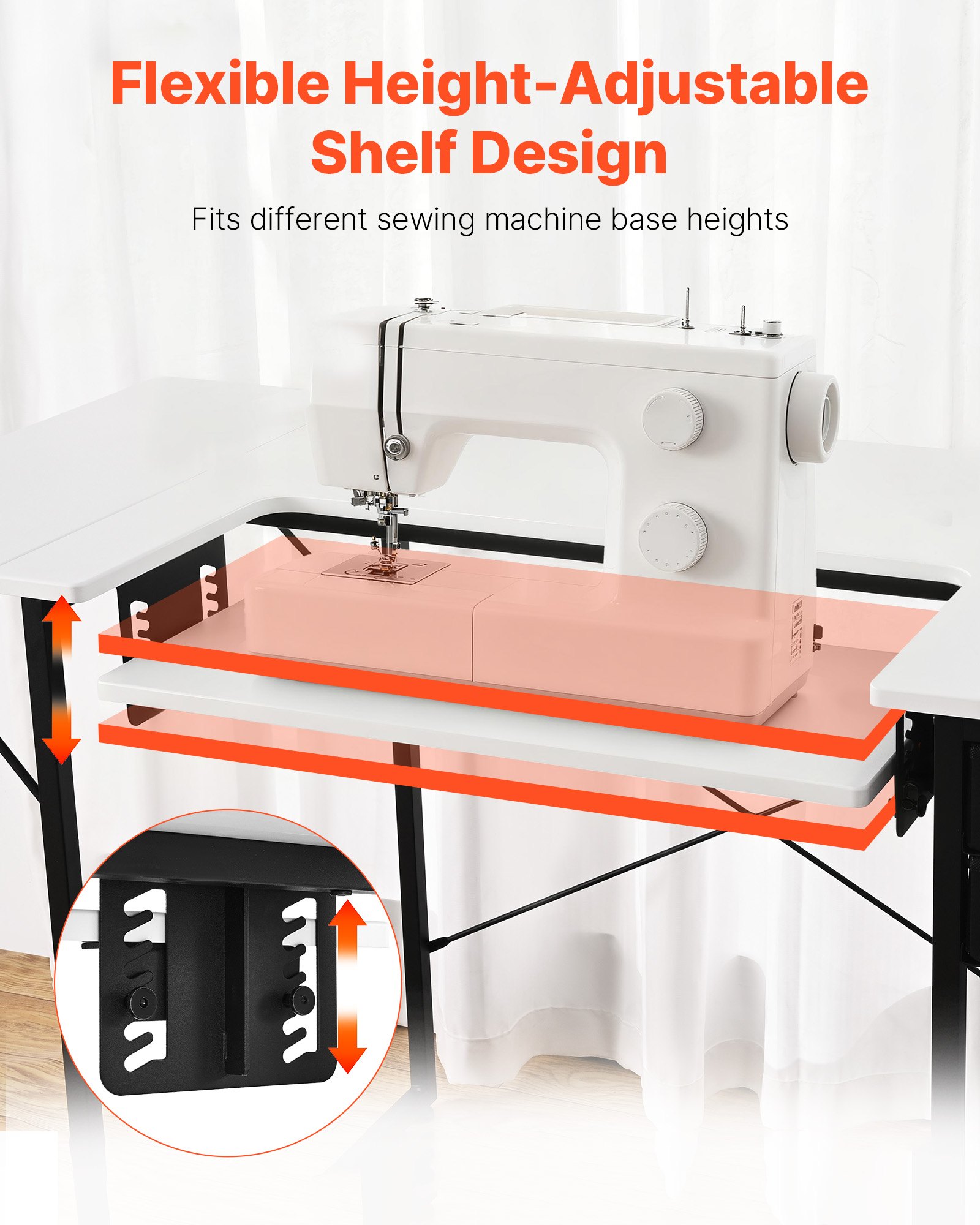 Mesa de costura VEVOR, mesa multiusos para máquina de coser con estante lateral plegable, estante ajustable, patas de acero, escritorio para computadora para el hogar, estudio de moda, estudio de arte, institución educativa, blanca
