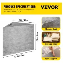 VEVOR Asiento de ducha para azulejos, 22.4 x 16 x 20 pulgadas, listo para azulejos, asiento de ducha, resistente al agua de fábrica y 100 % a prueba de fugas, asiento de esquina de ducha para azulejos, banco de ducha triangular de carga de 440 libras, gris