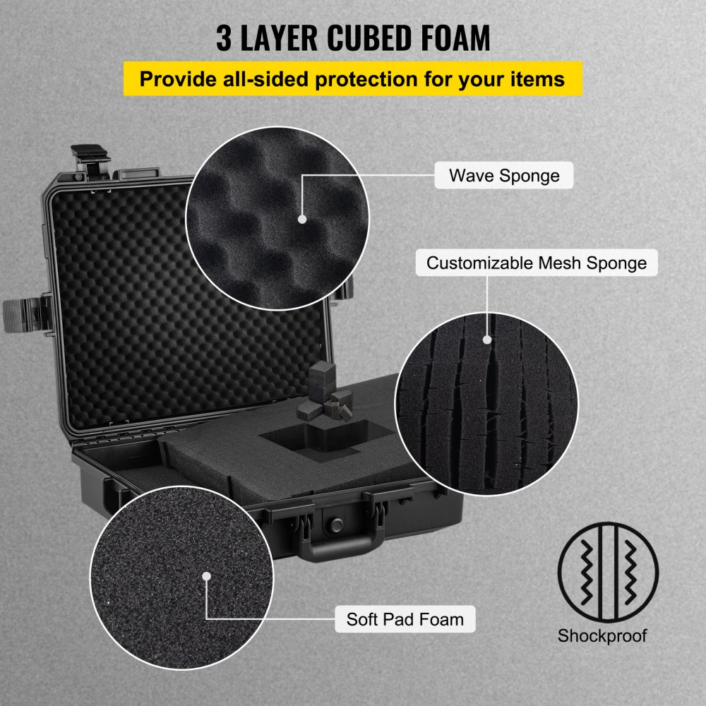 Estuche rígido impermeable VEVOR, 20 x 16 x 5 pulgadas, con espuma personalizable, estuche rígido protector portátil para cámara, a prueba de golpes para computadora portátil, pistola, cámara y más, negro