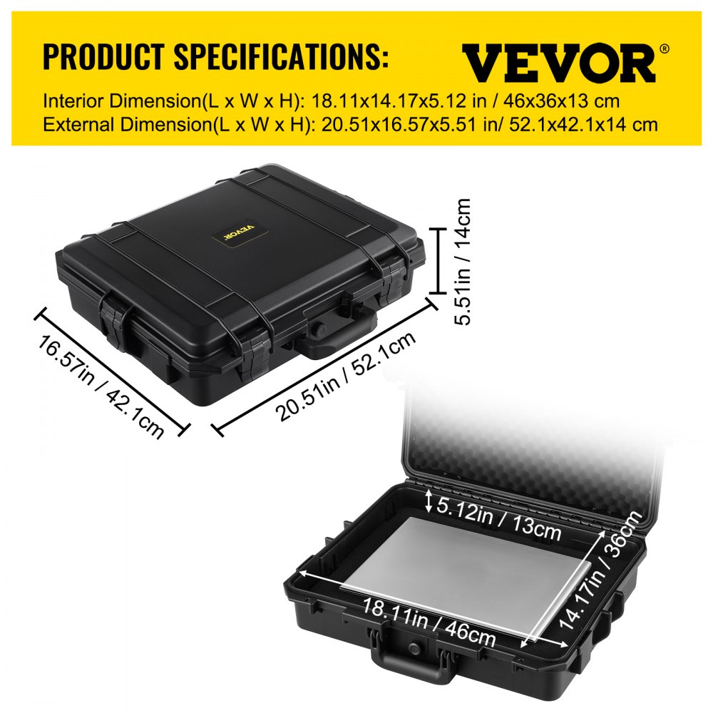 Estuche rígido impermeable VEVOR, 20 x 16 x 5 pulgadas, con espuma personalizable, estuche rígido protector portátil para cámara, a prueba de golpes para computadora portátil, pistola, cámara y más, negro