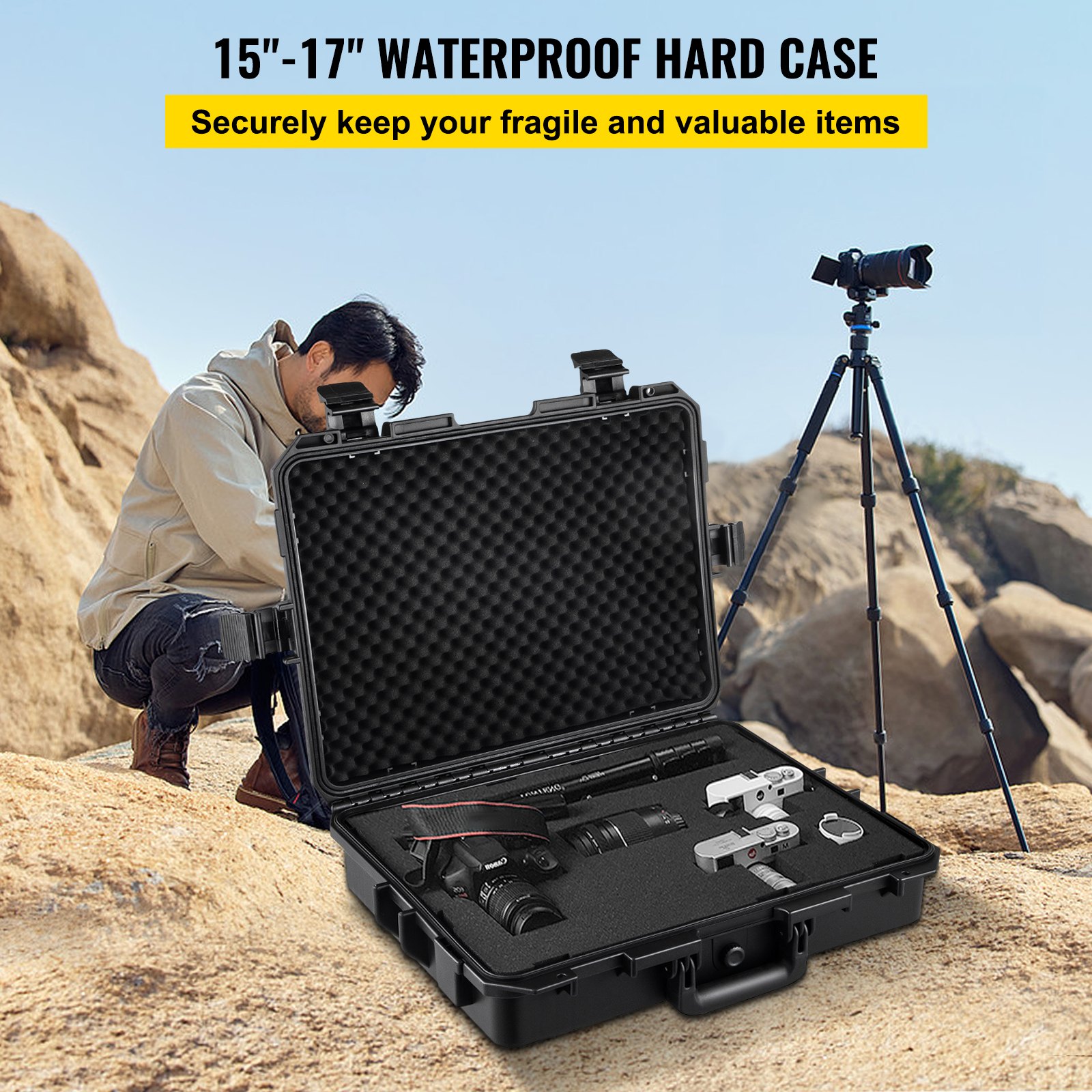 Estuche rígido impermeable VEVOR, 20 x 16 x 5 pulgadas, con espuma personalizable, estuche rígido protector portátil para cámara, a prueba de golpes para computadora portátil, pistola, cámara y más, negro