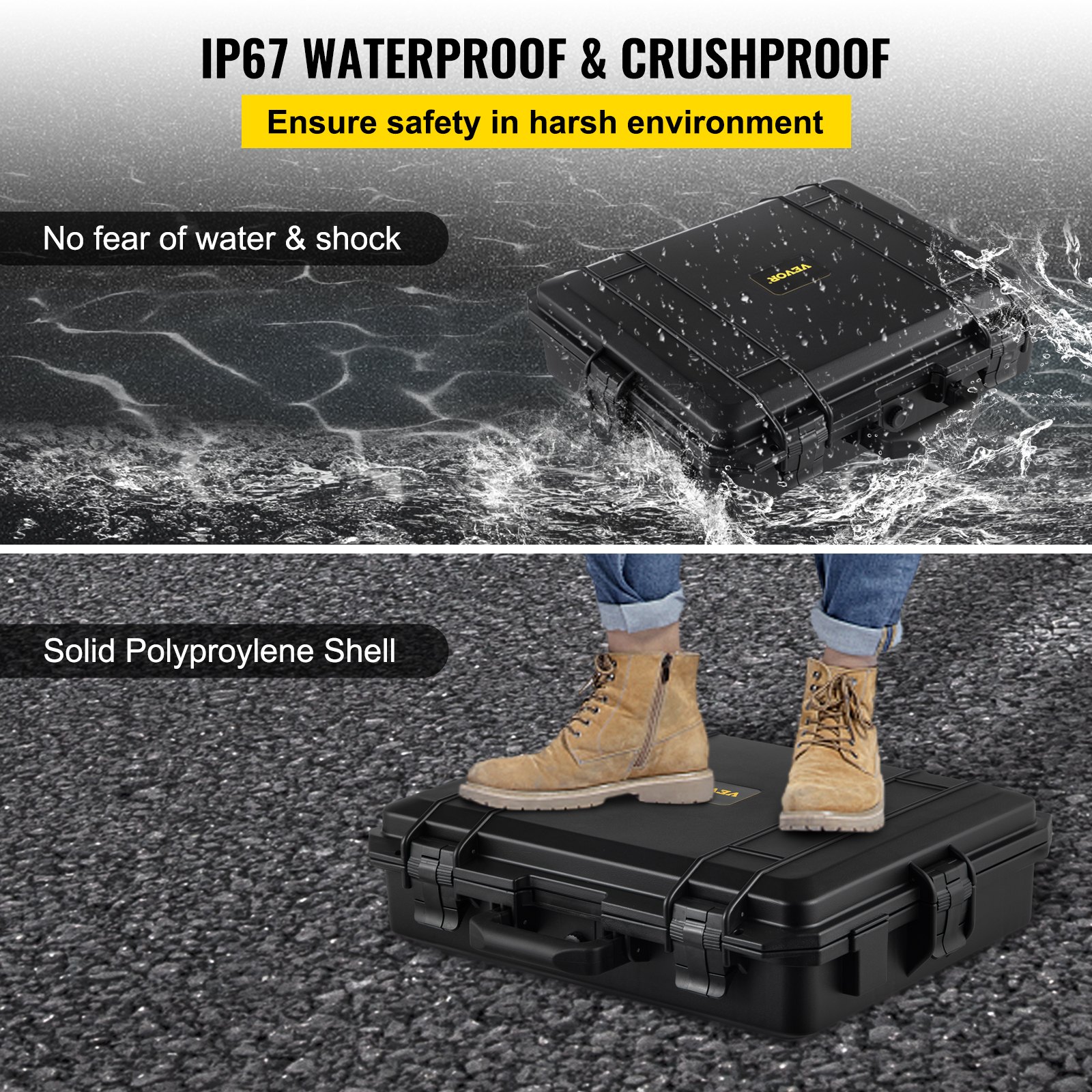 Estuche rígido impermeable VEVOR, 20 x 16 x 5 pulgadas, con espuma personalizable, estuche rígido protector portátil para cámara, a prueba de golpes para computadora portátil, pistola, cámara y más, negro