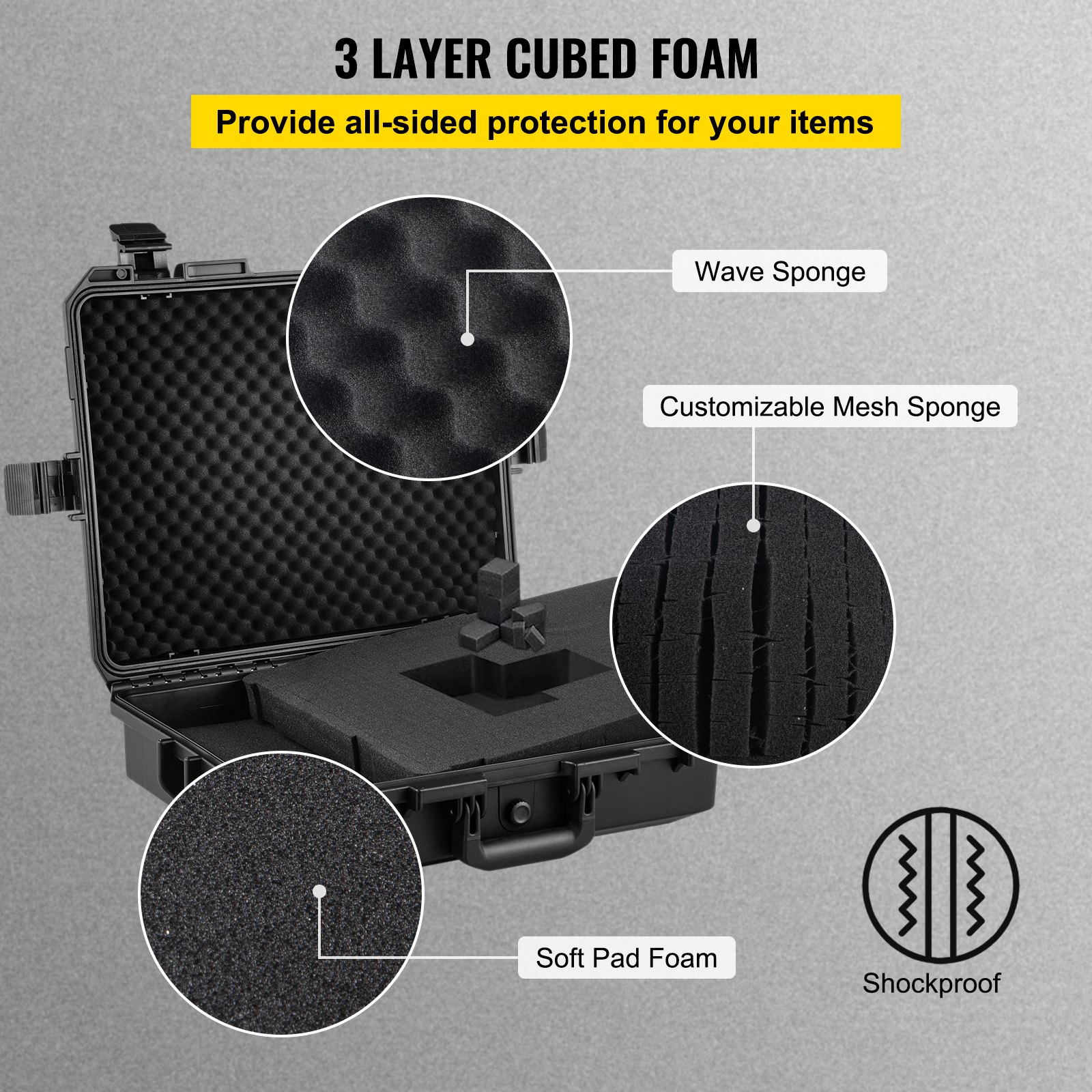 Estuche rígido impermeable VEVOR, 20 x 16 x 5 pulgadas, con espuma personalizable, estuche rígido protector portátil para cámara, a prueba de golpes para computadora portátil, pistola, cámara y más, negro