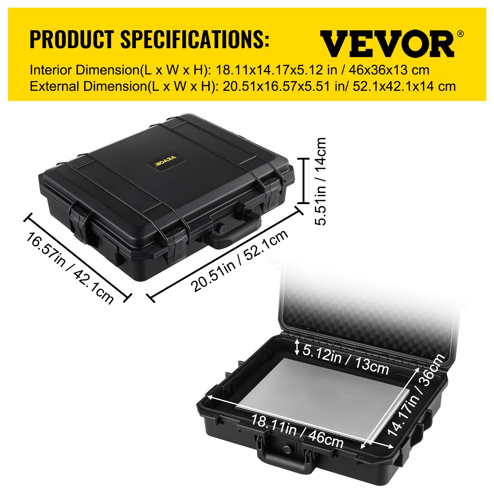 Estuche rígido impermeable VEVOR, 20 x 16 x 5 pulgadas, con espuma personalizable, estuche rígido protector portátil para cámara, a prueba de golpes para computadora portátil, pistola, cámara y más, negro