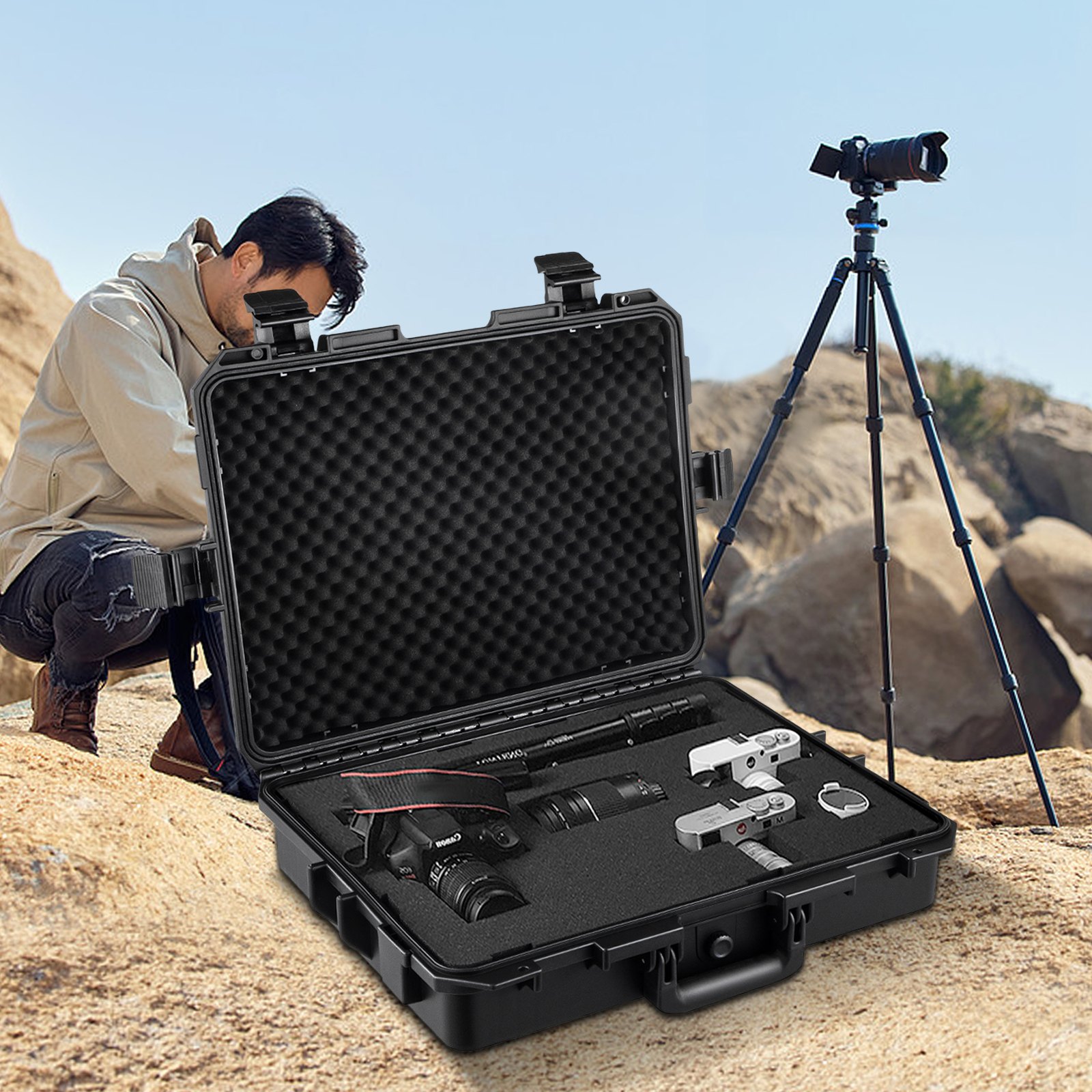 Estuche rígido impermeable VEVOR, 20 x 16 x 5 pulgadas, con espuma personalizable, estuche rígido protector portátil para cámara, a prueba de golpes para computadora portátil, pistola, cámara y más, negro