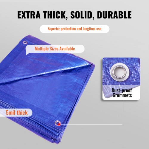 Lona VEVOR resistente al agua de 10 x 12 pies, cubierta de lona de plástico de 5 mil, multiusos resistente a los rayos UV y a la temperatura para exteriores con ojales y bordes reforzados (azul)