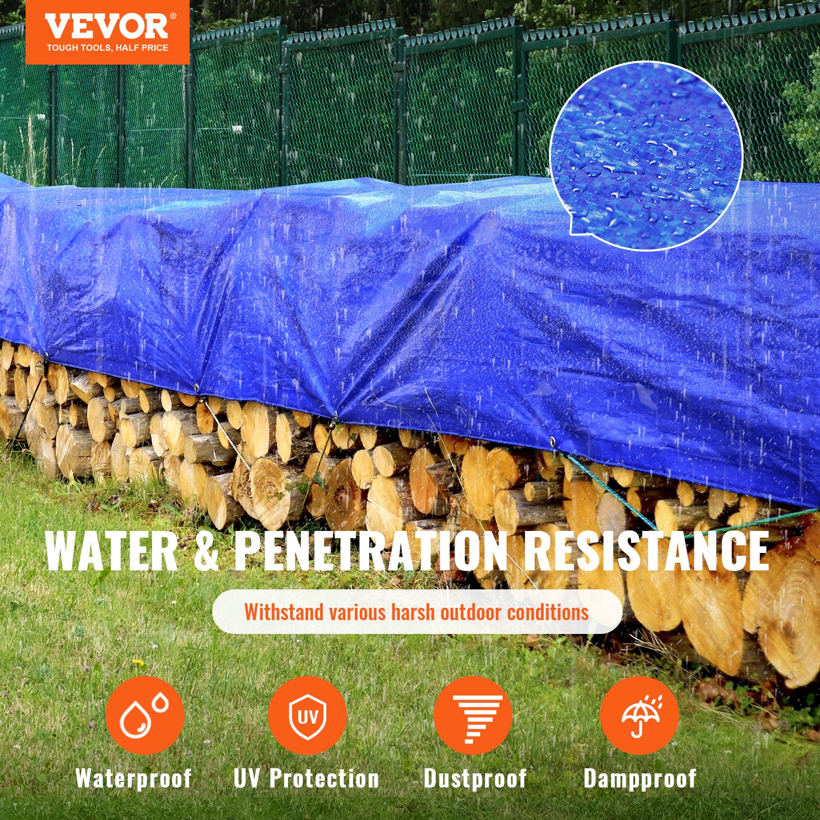 Lona impermeable VEVOR que cubre la pila de leña al aire libre, mostrando gotas de agua e íconos de protección.