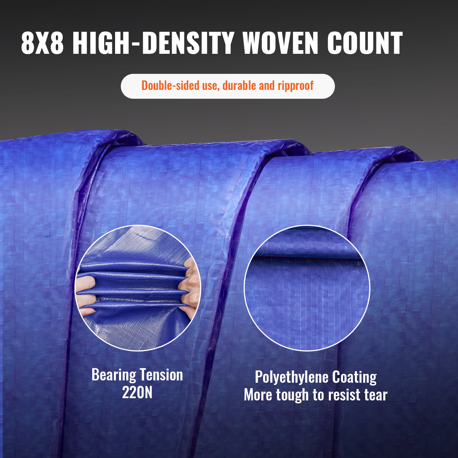 Lona impermeable VEVOR con tejido de alta densidad de 8x8, uso de doble cara y revestimiento resistente al desgarro.
